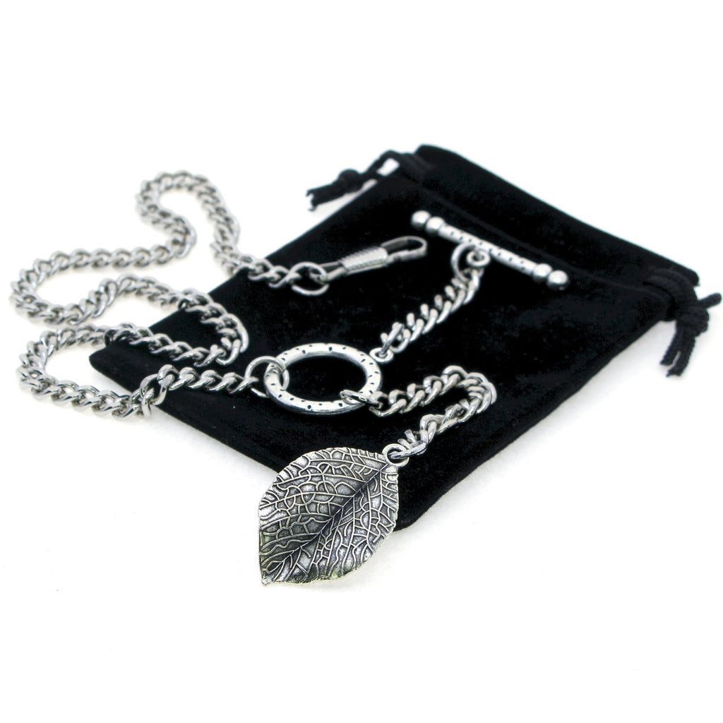 Albert Chain Silver Color Pocket Watch Chains for Men - 2 Ways Usage on Vests & Trousers or Jeans with Leaf Design Fob T Bar ACT116