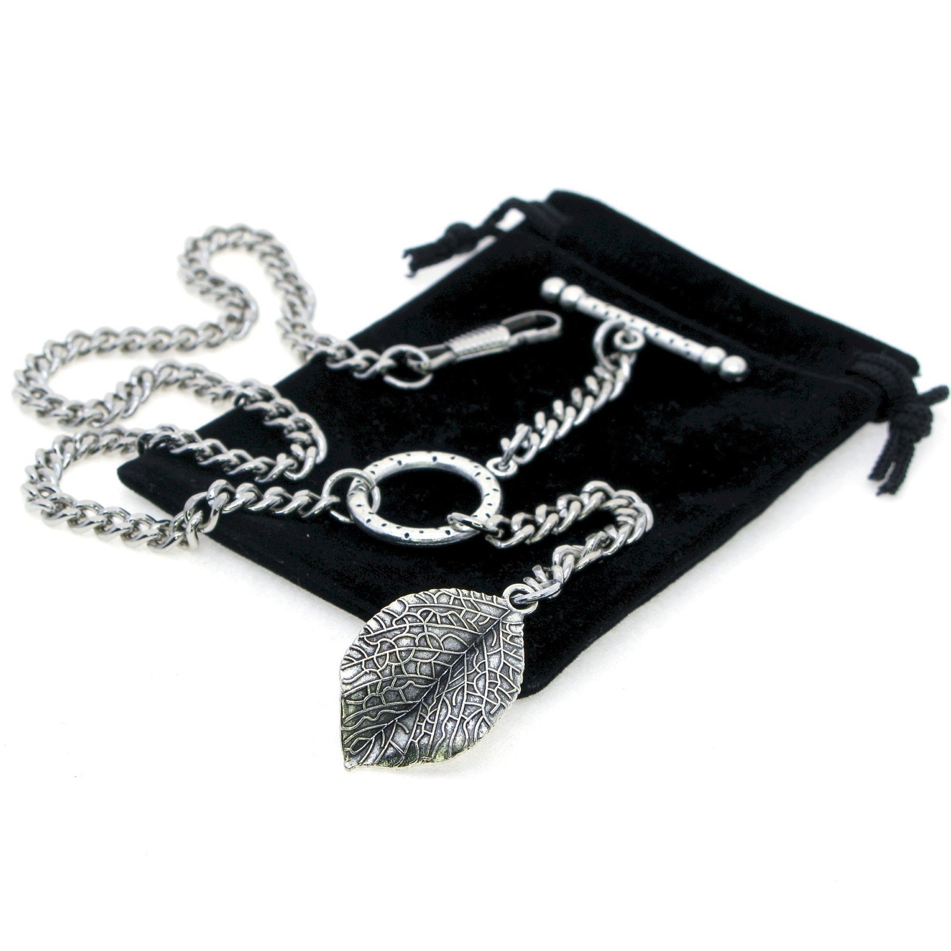 Albert Chain Silver Color Pocket Watch Chains for Men - 2 Ways Usage on Vests & Trousers or Jeans with Leaf Design Fob T Bar ACT116