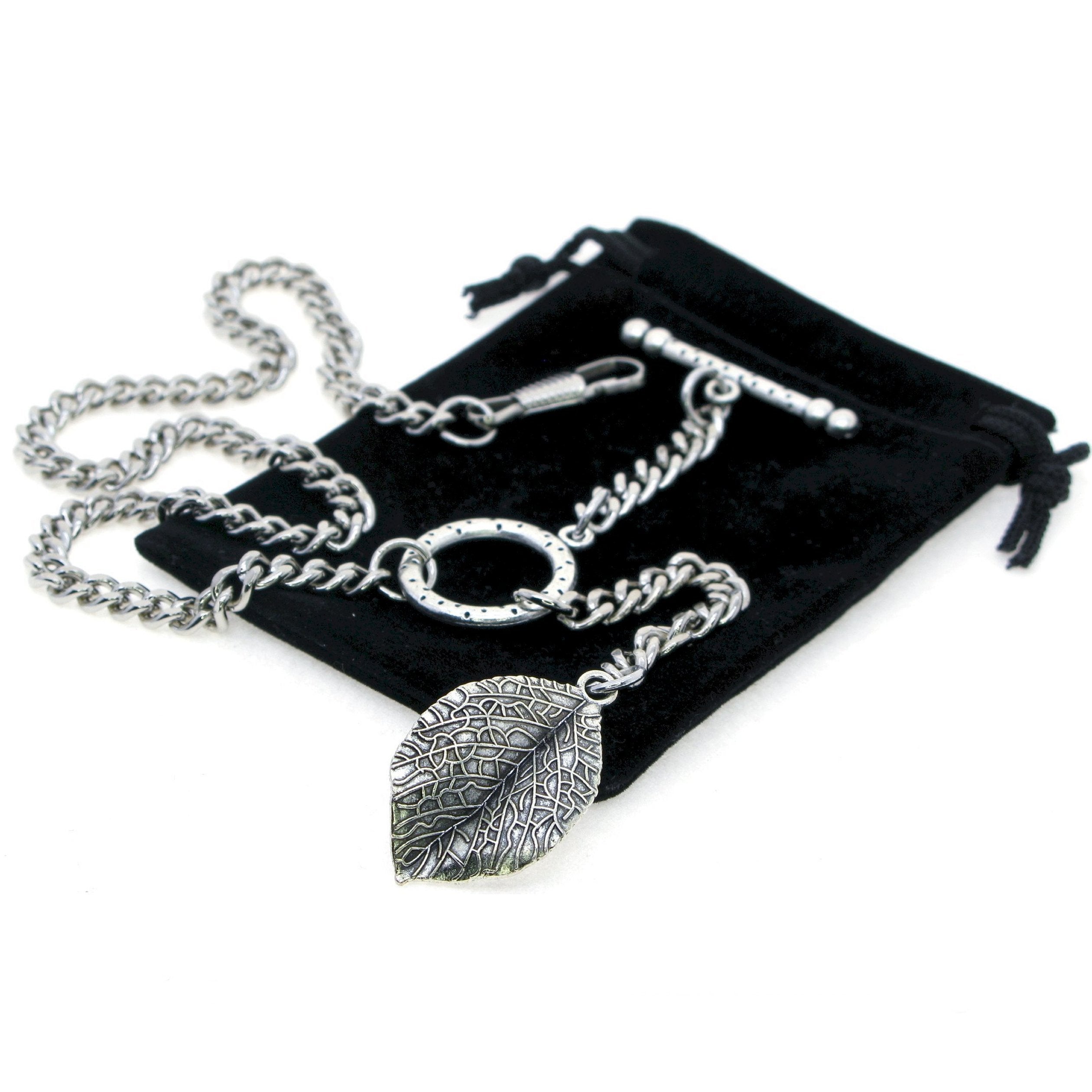 Albert Chain Silver Color Pocket Watch Chains for Men - 2 Ways Usage on Vests & Trousers or Jeans with Leaf Design Fob T Bar ACT116