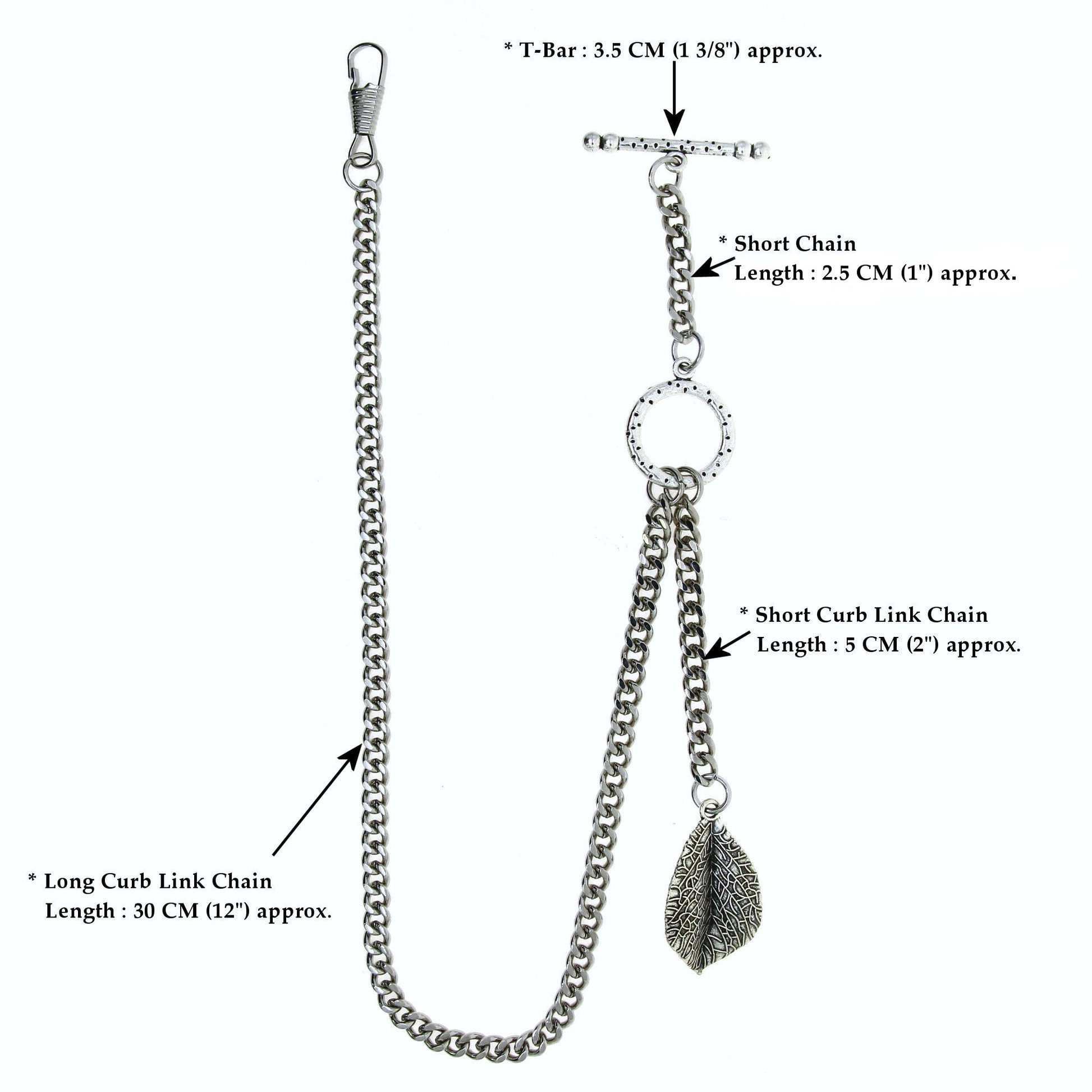 Albert Chain Silver Color Pocket Watch Chains for Men - 2 Ways Usage on Vests & Trousers or Jeans with Leaf Design Fob T Bar ACT116