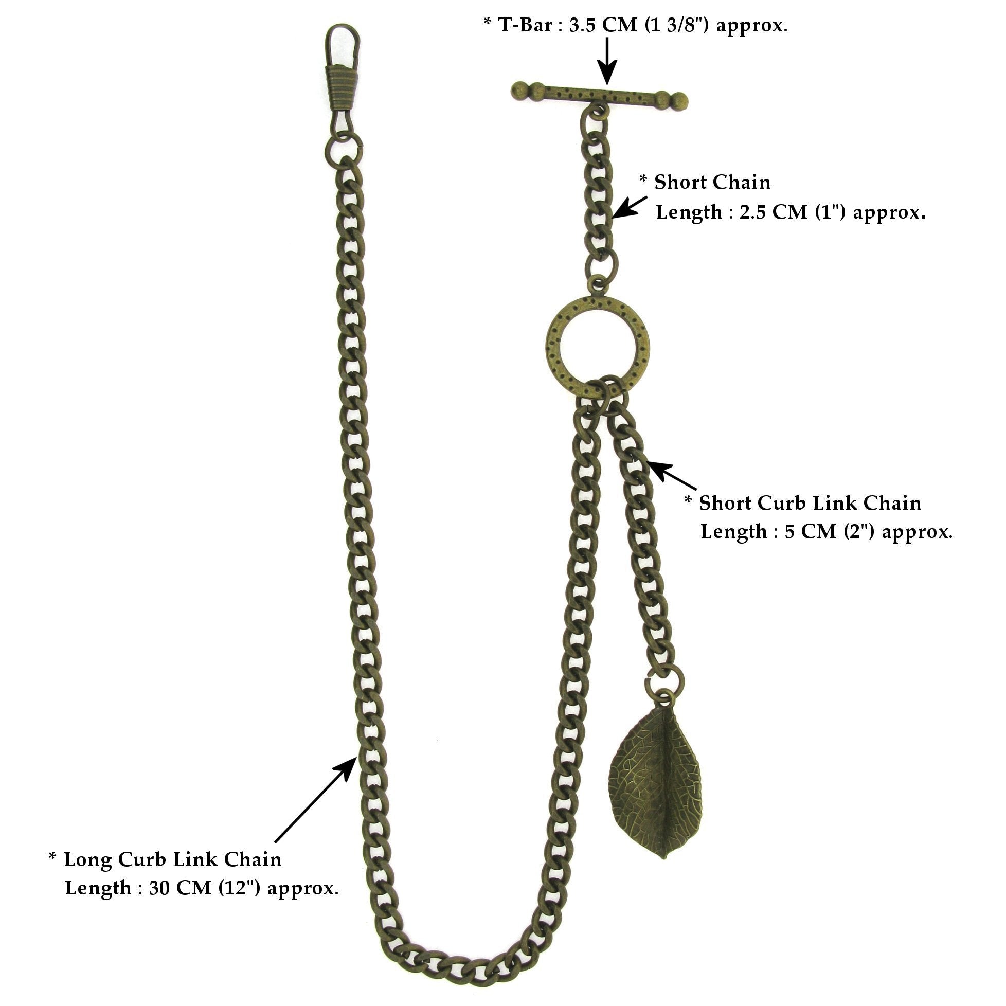 Albert Chain Antique Brass Color Pocket Watch Chain Vest Chain - 2 Ways Usage on Vests & Trousers or Jeans with Leaf Design Fob T Bar ACT117A