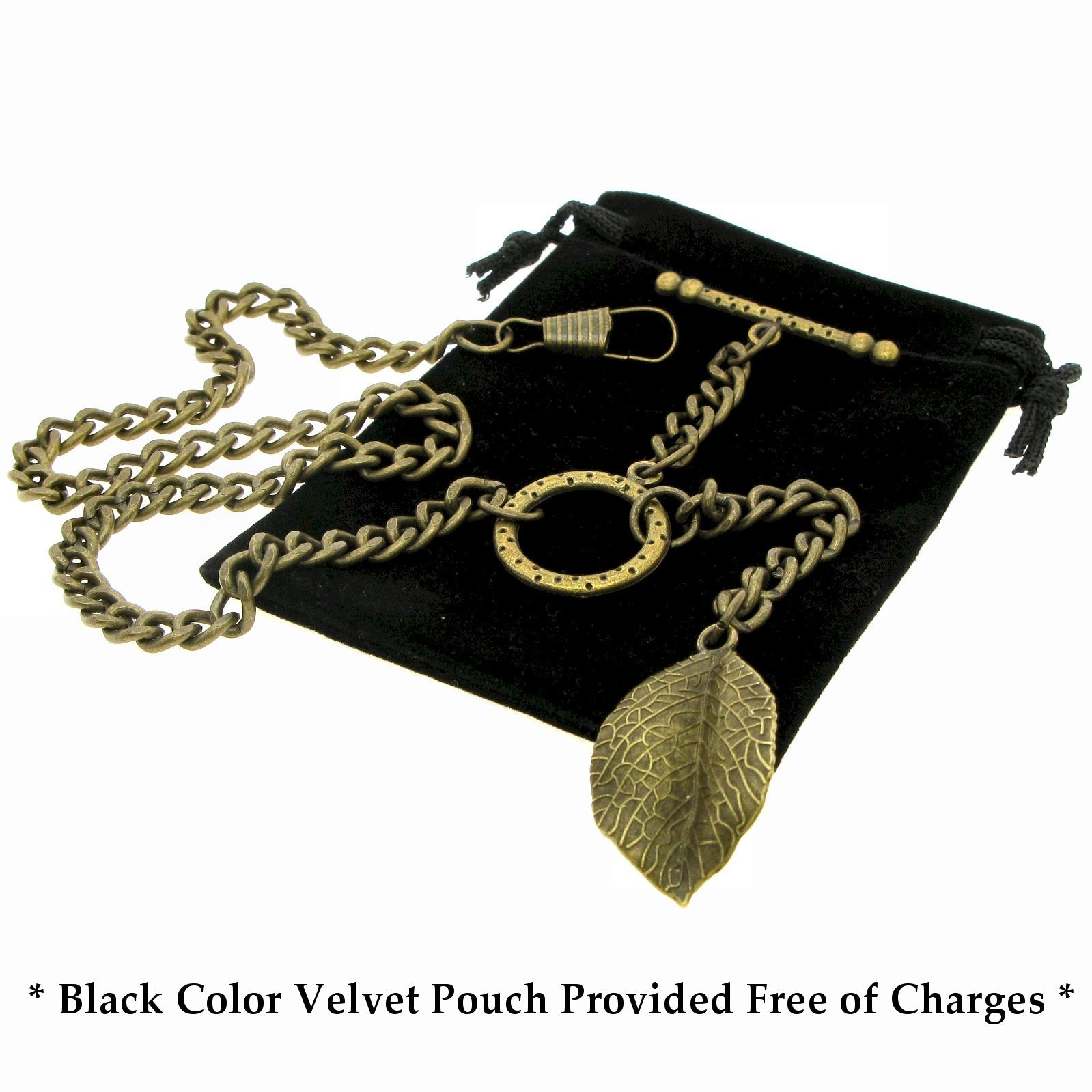 Albert Chain Antique Brass Color Pocket Watch Chain Vest Chain - 2 Ways Usage on Vests & Trousers or Jeans with Leaf Design Fob T Bar ACT117A