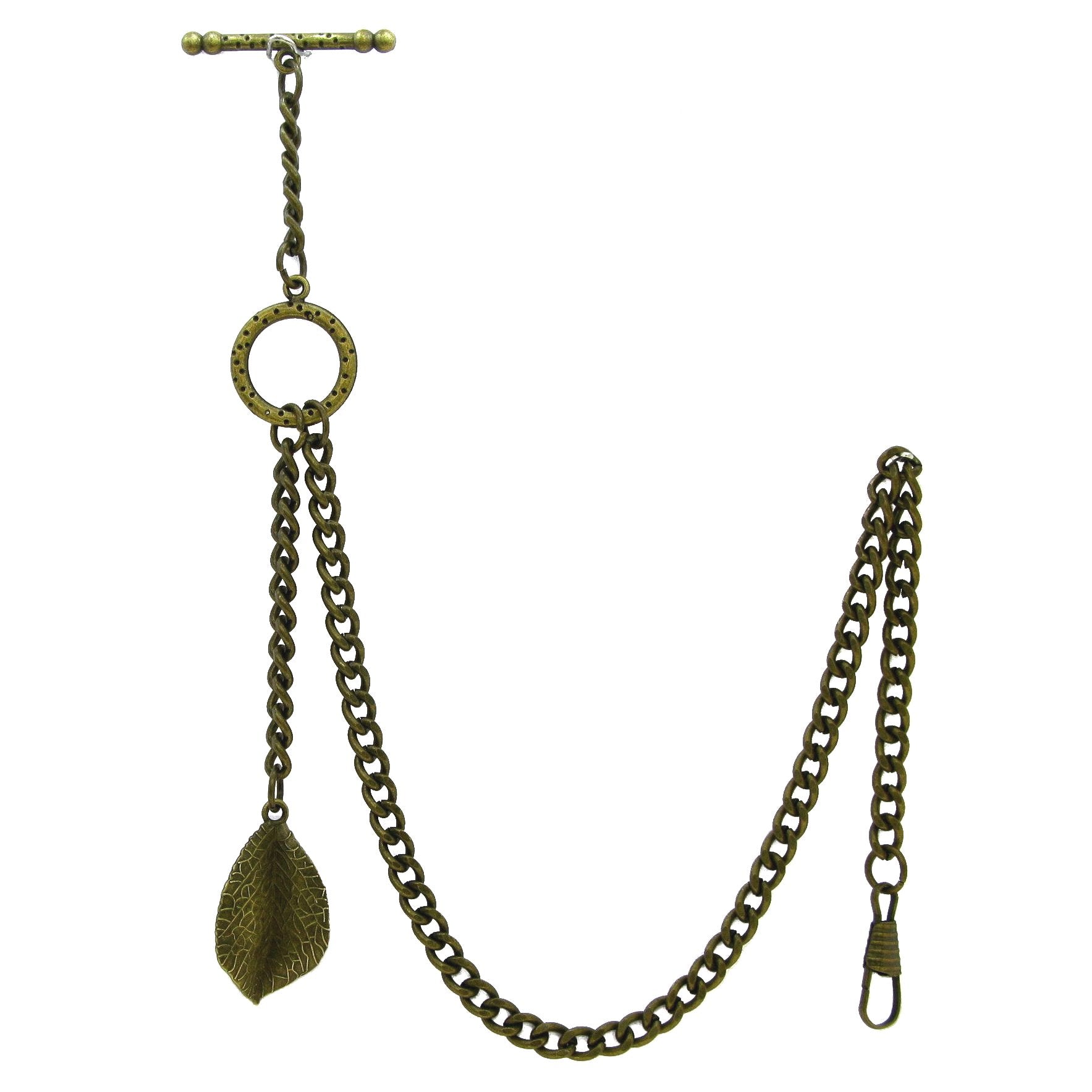 Albert Chain Antique Brass Color Pocket Watch Chain Vest Chain - 2 Ways Usage on Vests & Trousers or Jeans with Leaf Design Fob T Bar ACT117A