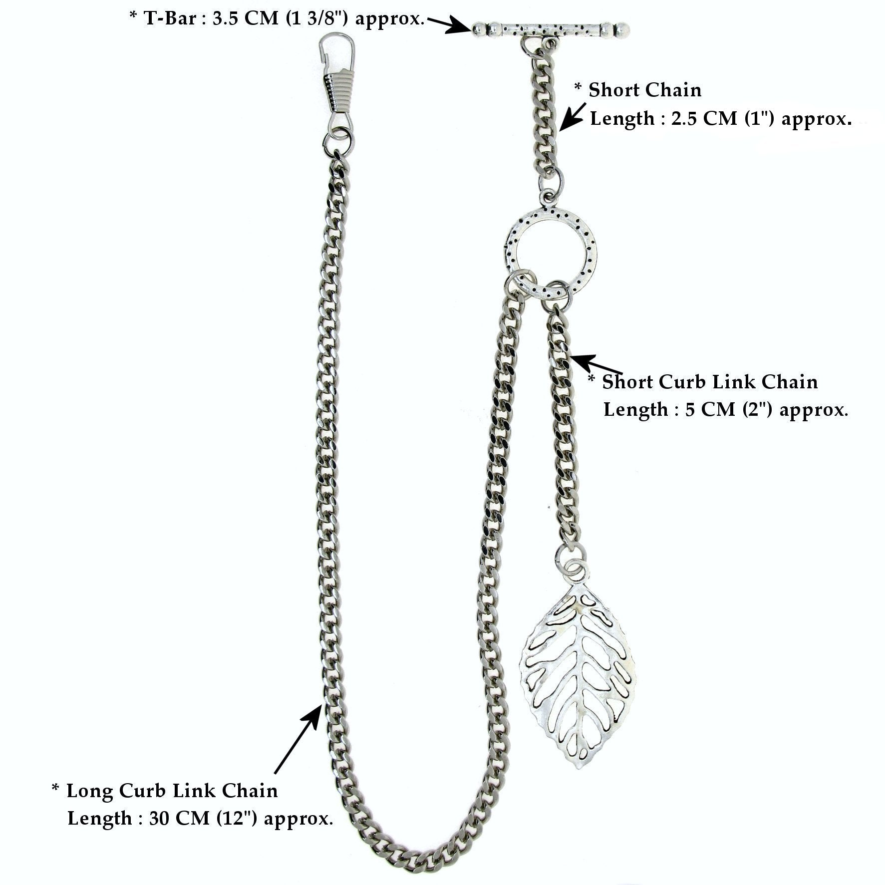 Albert Chain Silver Color Pocket Watch Chain Fob Chain for Men - 2 Ways Use on Vests & Trousers with Skeleton Leaf Design Fob T Bar ACT118A
