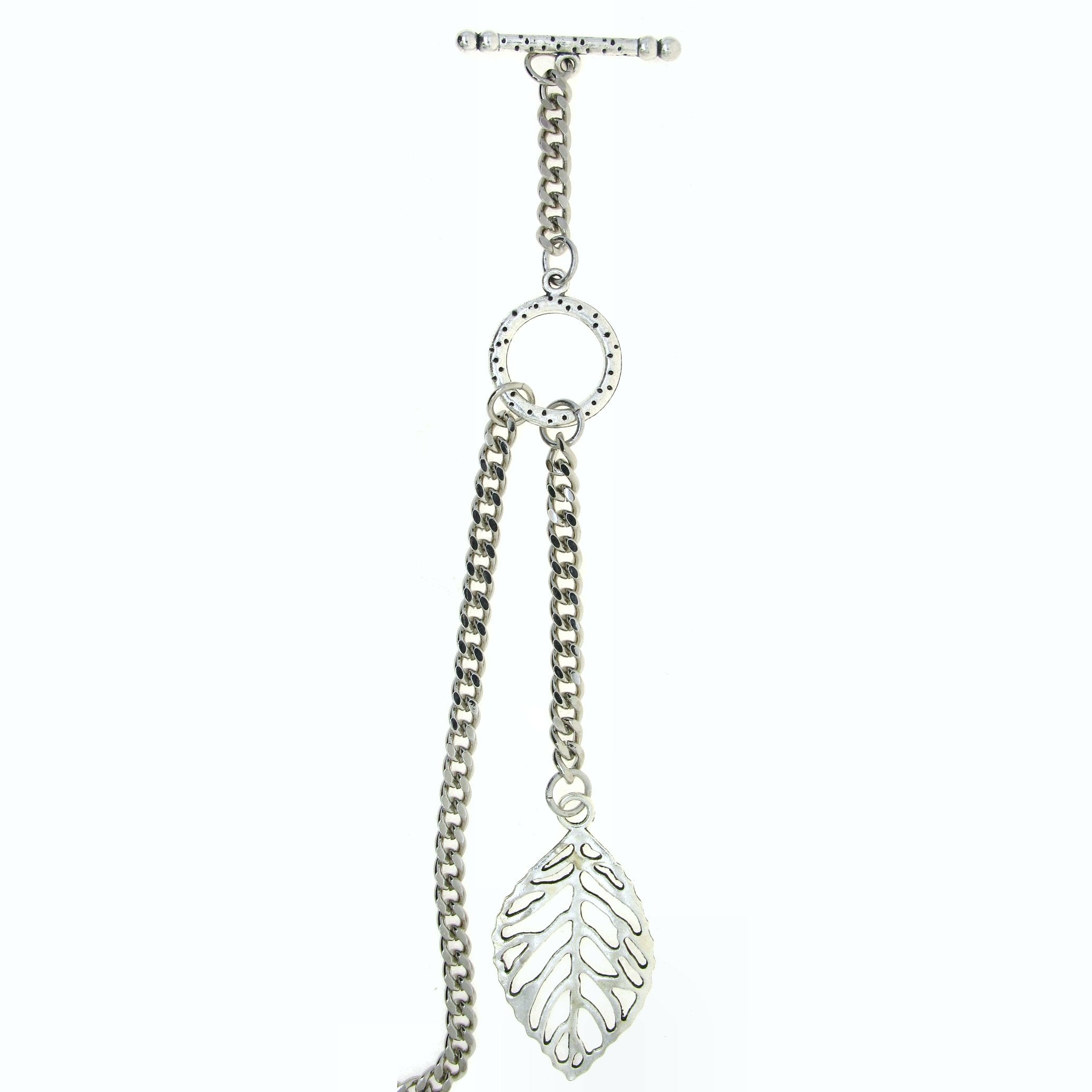 Albert Chain Silver Color Pocket Watch Chain Fob Chain for Men - 2 Ways Use on Vests & Trousers with Skeleton Leaf Design Fob T Bar ACT118A