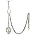 Albert Chain Silver Color Pocket Watch Chain Fob Chain for Men - 2 Ways Use on Vests & Trousers with Skeleton Leaf Design Fob T Bar ACT118A