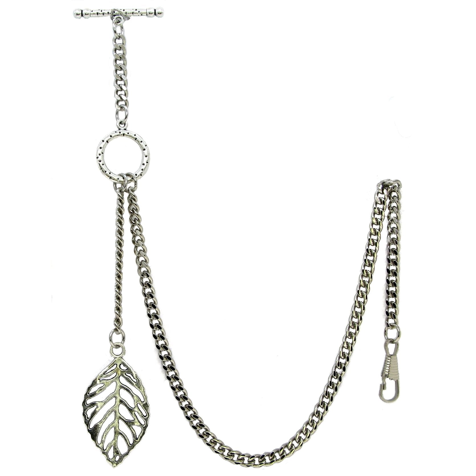 Albert Chain Silver Color Pocket Watch Chain Fob Chain for Men - 2 Ways Use on Vests & Trousers with Skeleton Leaf Design Fob T Bar ACT118A