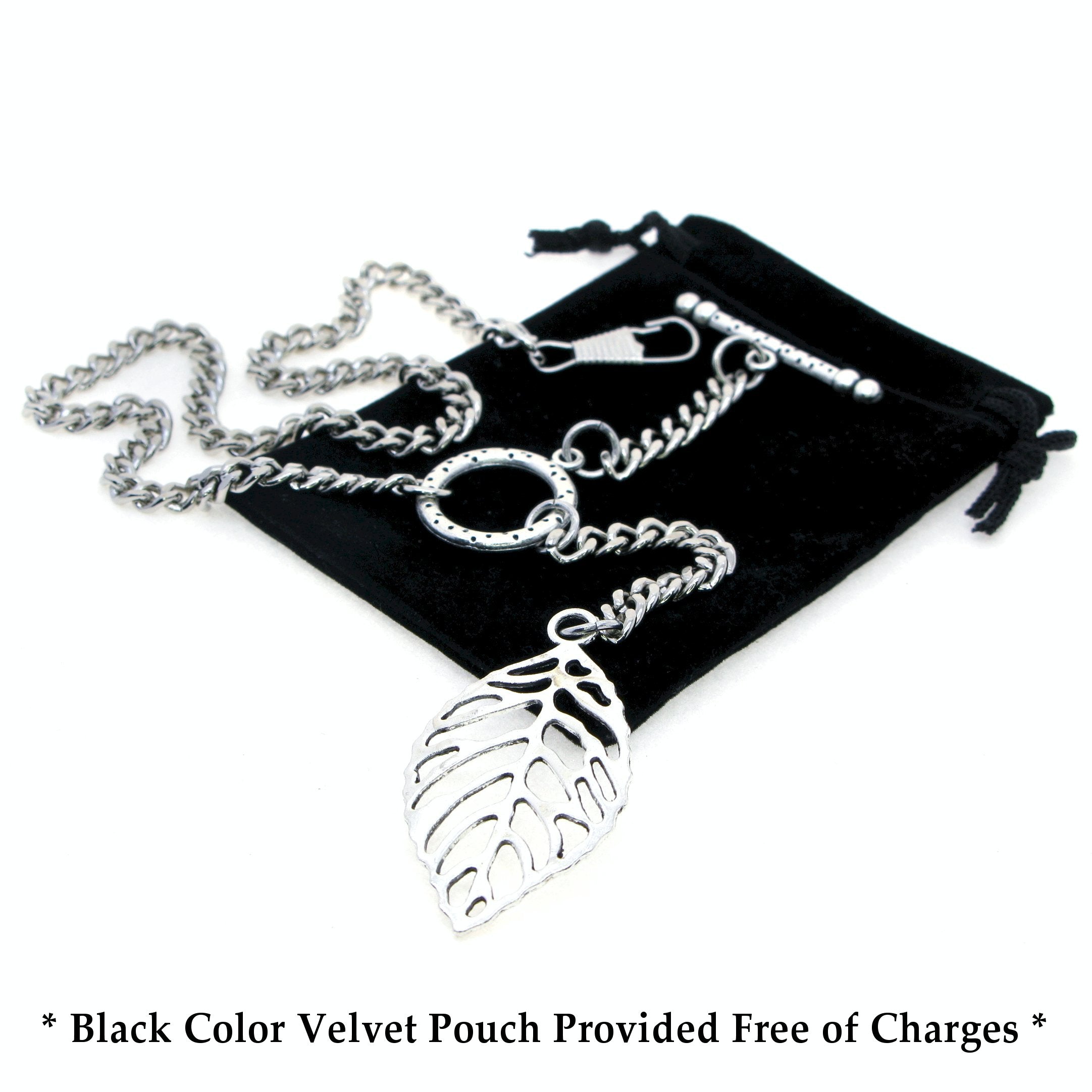 Albert Chain Silver Color Pocket Watch Chain Fob Chain for Men - 2 Ways Use on Vests & Trousers with Skeleton Leaf Design Fob T Bar ACT118A