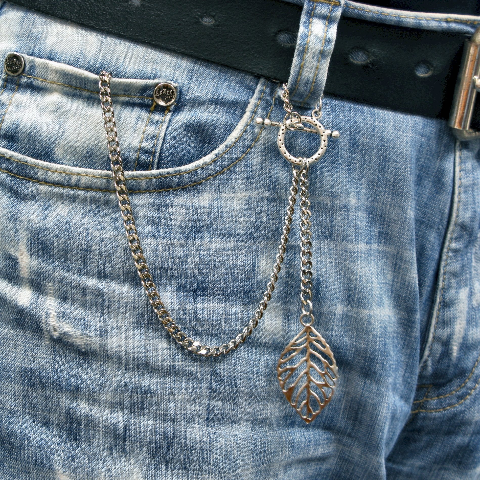 Albert Chain Silver Color Pocket Watch Chain Fob Chain for Men - 2 Ways Use on Vests & Trousers with Skeleton Leaf Design Fob T Bar ACT118A