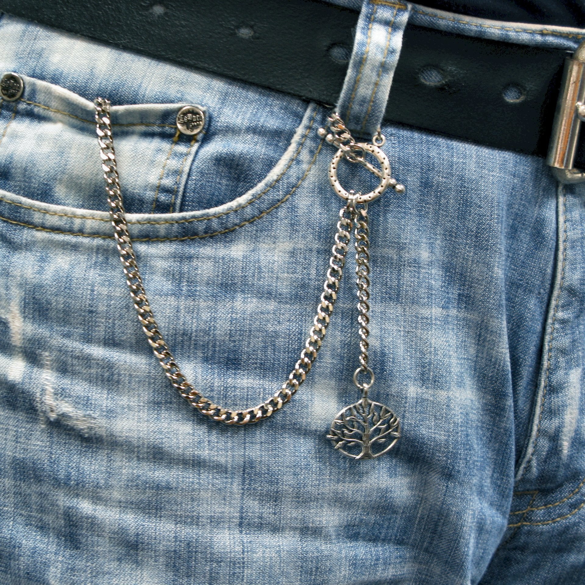 Albert Chain Silver Color Pocket Watch Chain Vest Chain - 2 Ways Usage on Vests & Trousers or Jeans with Life Tree Design Fob T Bar ACT12A