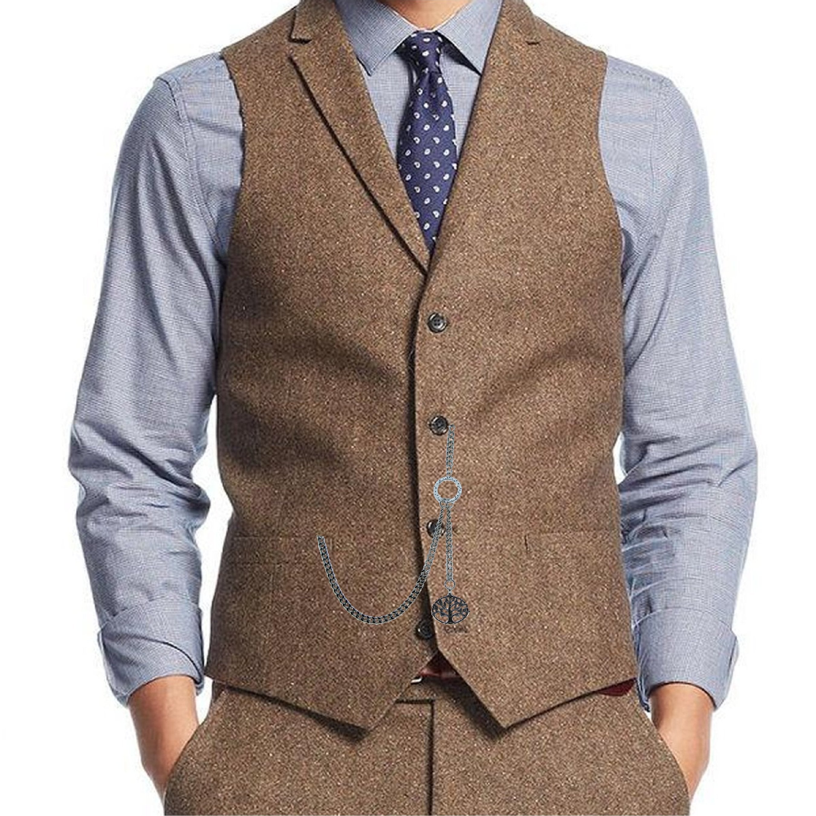 Albert Chain Silver Color Pocket Watch Chain Vest Chain - 2 Ways Usage on Vests & Trousers or Jeans with Life Tree Design Fob T Bar ACT12A