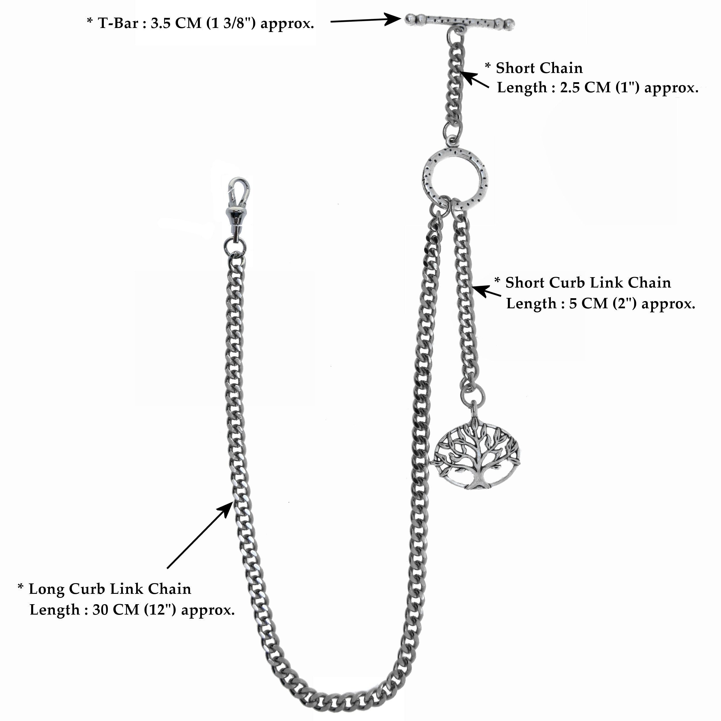 Albert Chain Silver Color Pocket Watch Chain Vest Chain - 2 Ways Usage on Vests & Trousers or Jeans with Life Tree Design Fob T Bar ACT12A