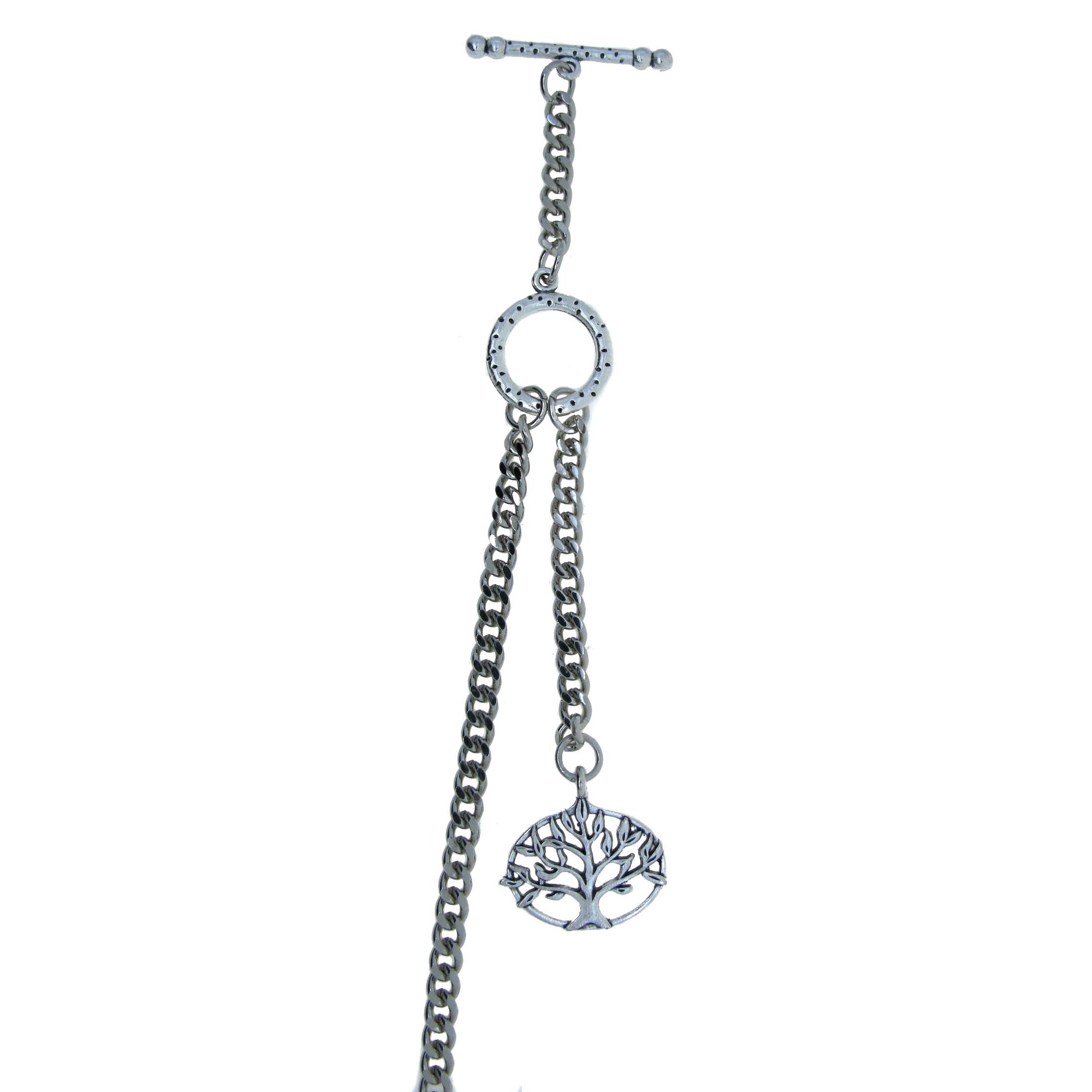 Albert Chain Silver Color Pocket Watch Chain Vest Chain - 2 Ways Usage on Vests & Trousers or Jeans with Life Tree Design Fob T Bar ACT12A