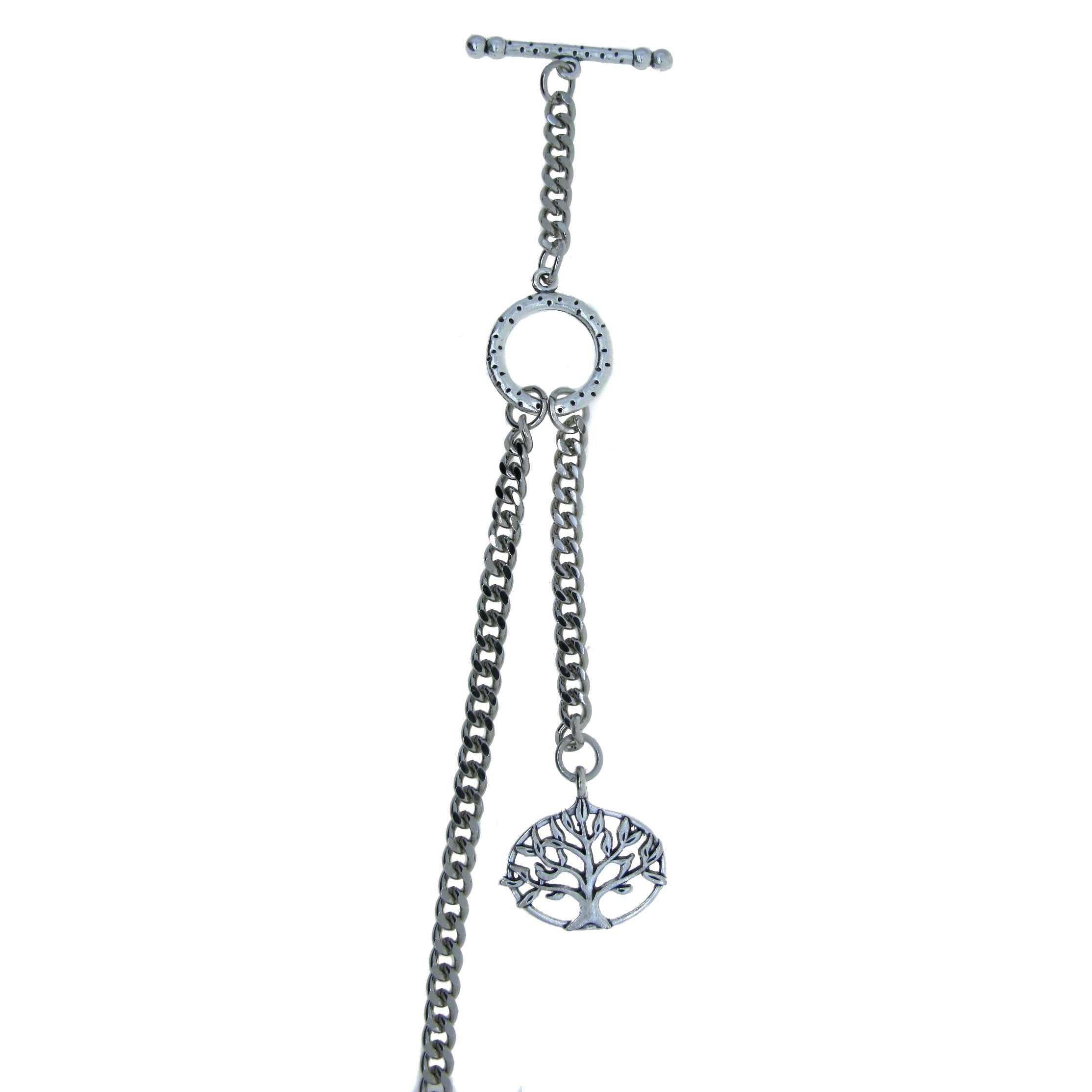 Albert Chain Silver Color Pocket Watch Chain Vest Chain - 2 Ways Usage on Vests & Trousers or Jeans with Life Tree Design Fob T Bar ACT12A