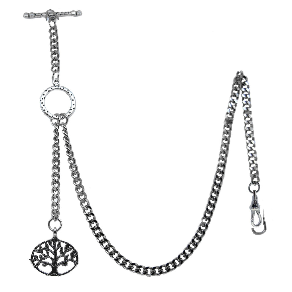 Albert Chain Silver Color Pocket Watch Chain Vest Chain - 2 Ways Usage on Vests & Trousers or Jeans with Life Tree Design Fob T Bar ACT12A