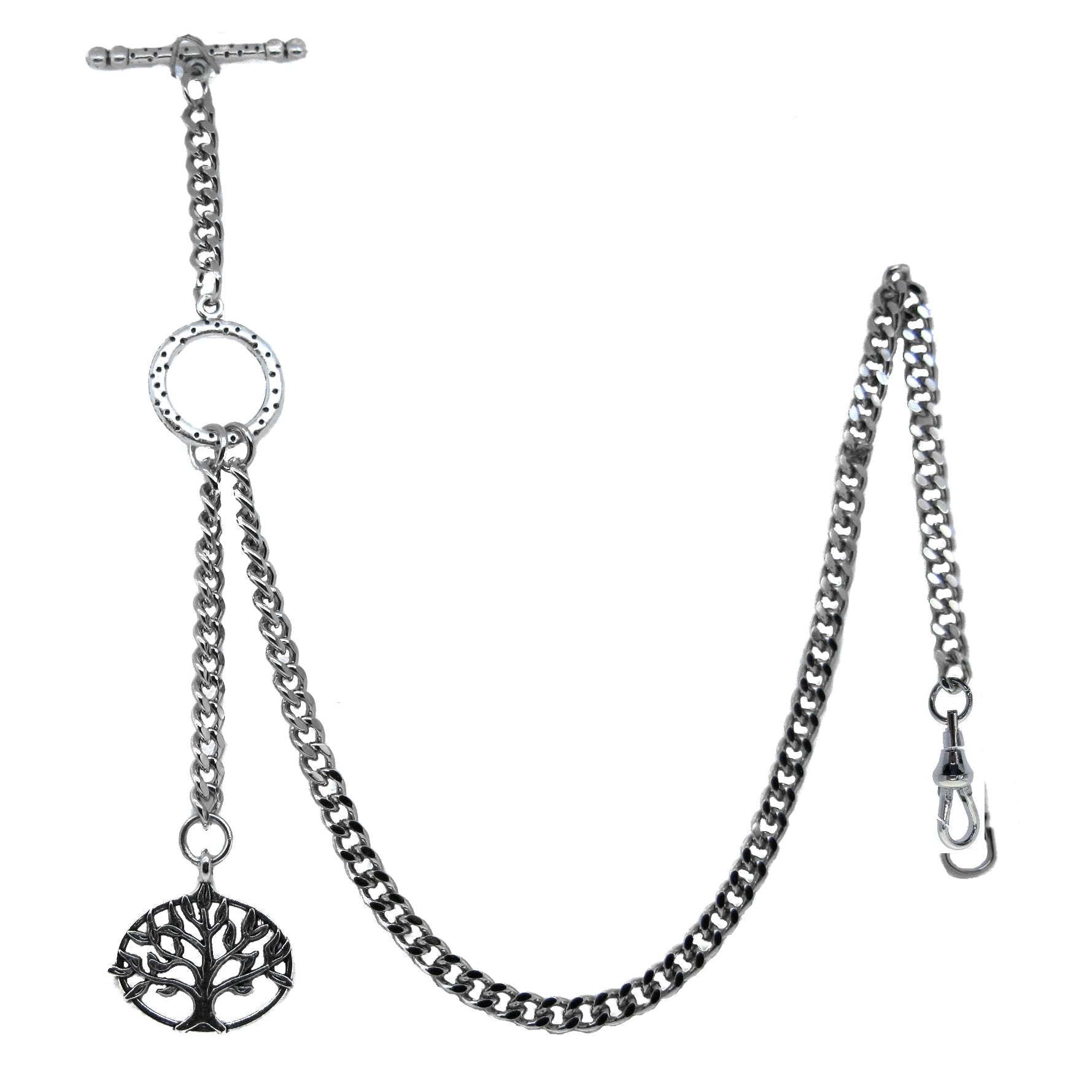 Albert Chain Silver Color Pocket Watch Chain Vest Chain - 2 Ways Usage on Vests & Trousers or Jeans with Life Tree Design Fob T Bar ACT12A