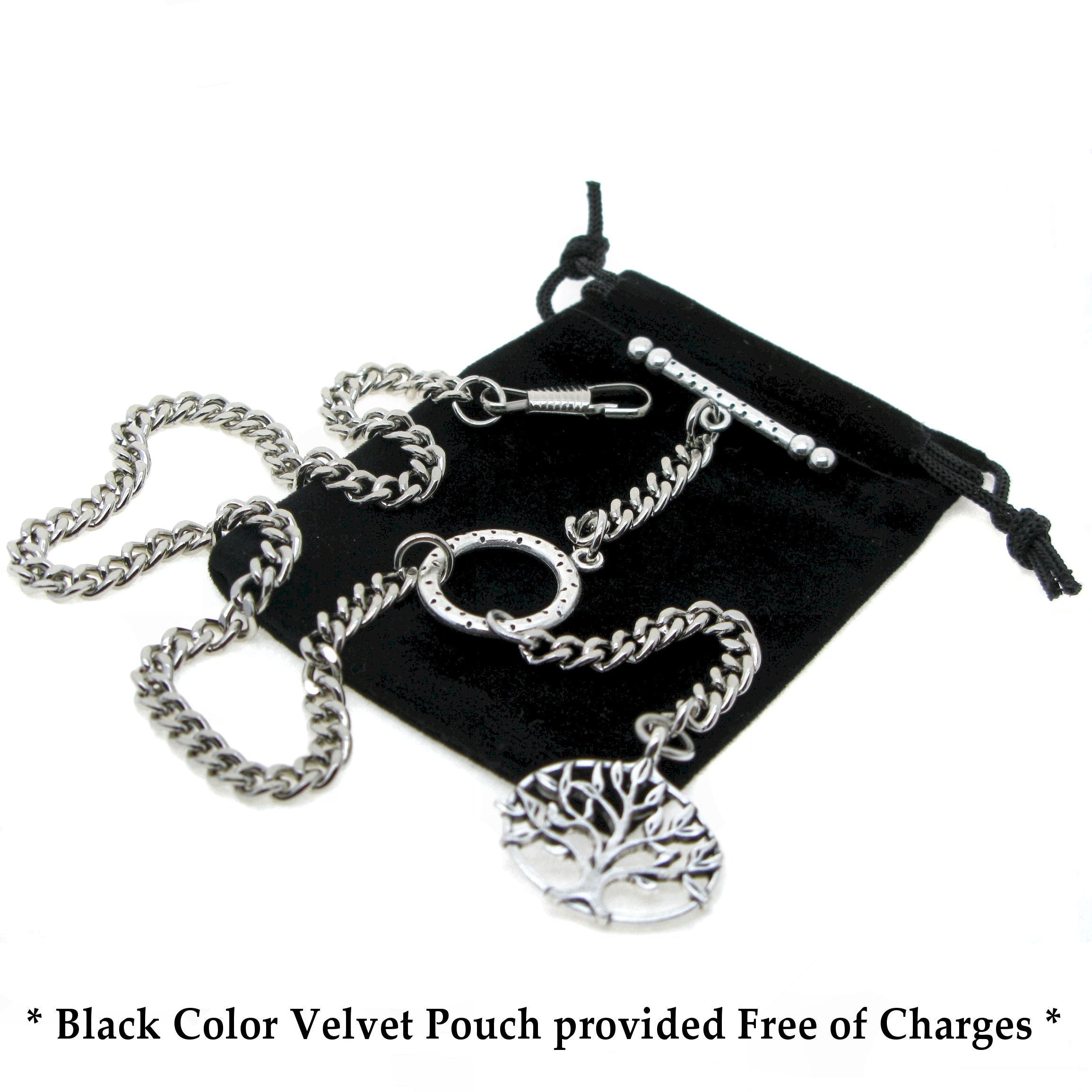 Albert Chain Silver Color Pocket Watch Chain Vest Chain - 2 Ways Usage on Vests & Trousers or Jeans with Life Tree Design Fob T Bar ACT12A