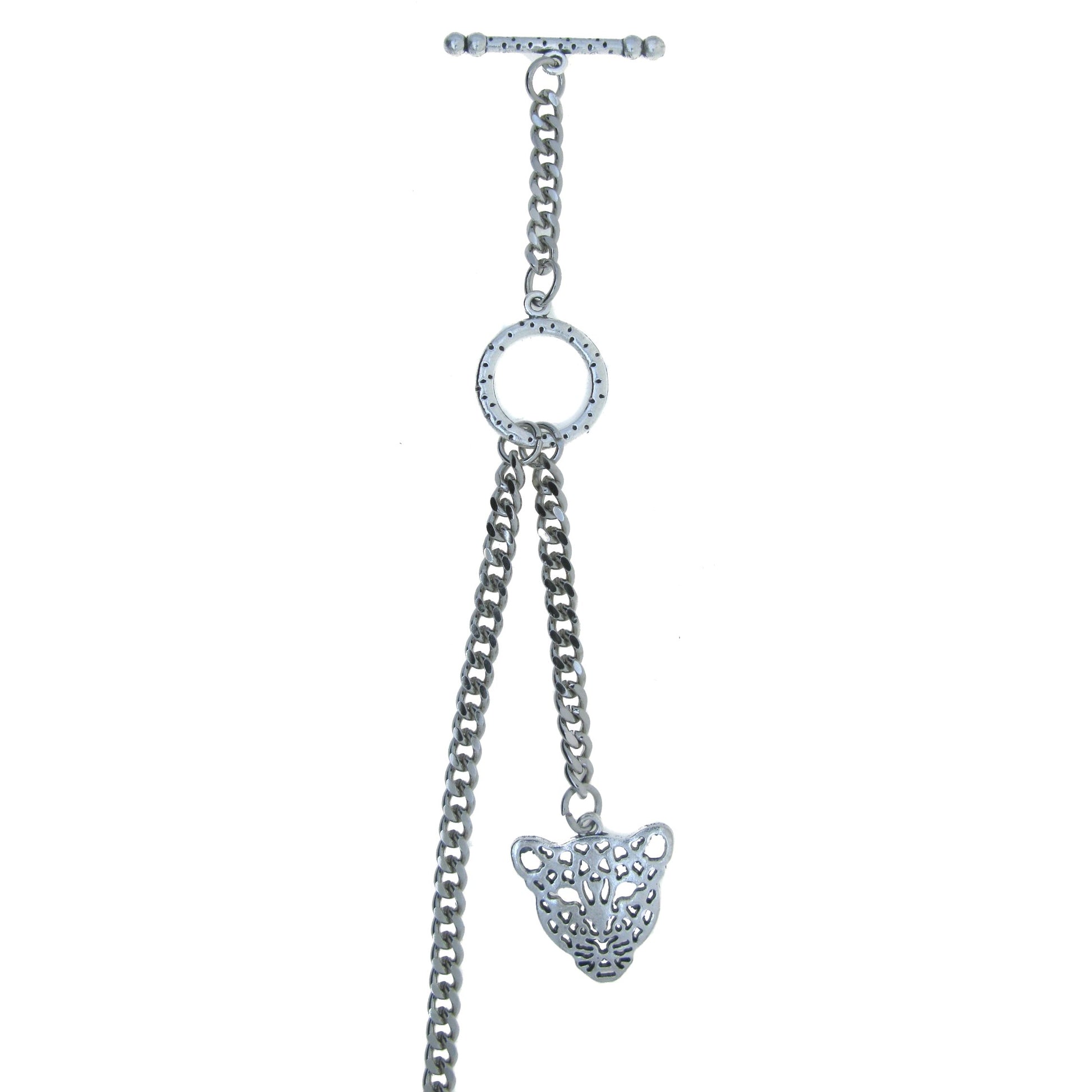 Albert Chain Silver Color Pocket Watch Chains for Men - 2 Ways Usage on Vests & Trousers or Jeans with Leopard Design Fob T Bar ACT13