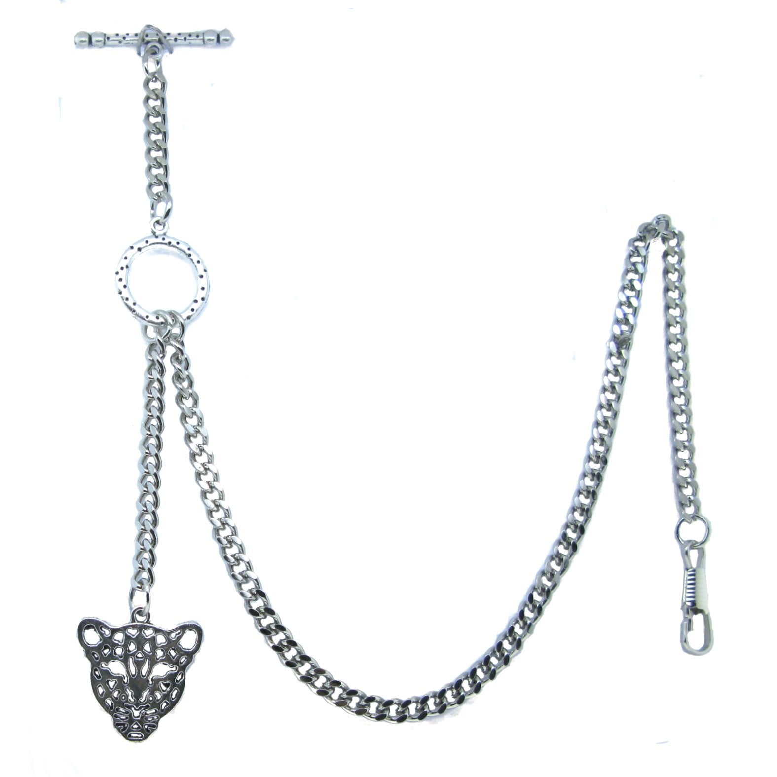 Albert Chain Silver Color Pocket Watch Chains for Men - 2 Ways Usage on Vests & Trousers or Jeans with Leopard Design Fob T Bar ACT13