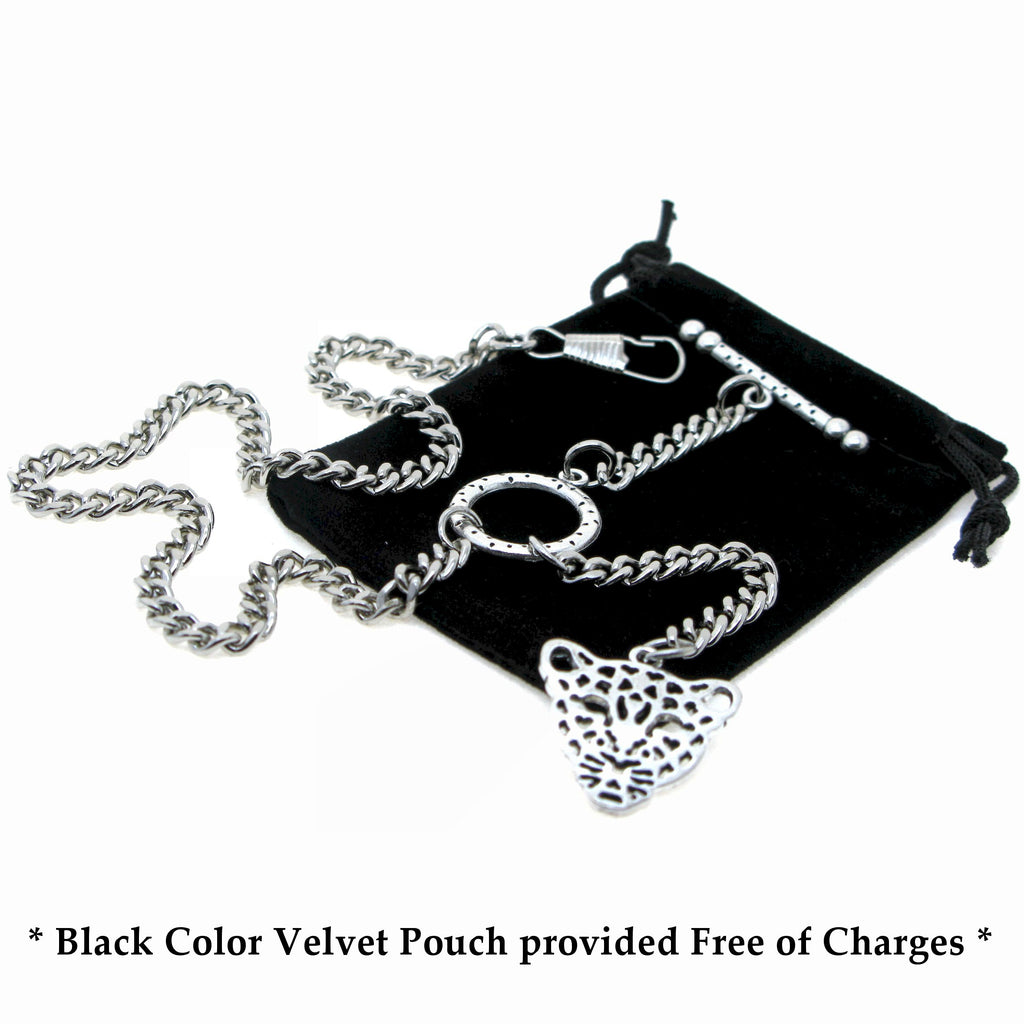 Albert Chain Silver Color Pocket Watch Chains for Men - 2 Ways Usage on Vests & Trousers or Jeans with Leopard Design Fob T Bar ACT13