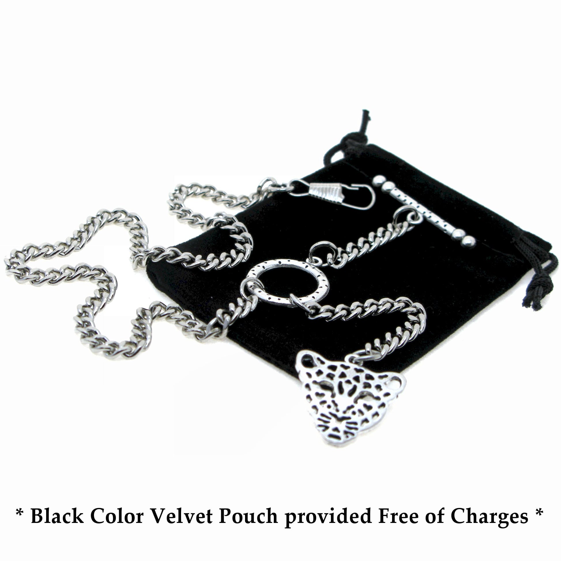 Albert Chain Silver Color Pocket Watch Chains for Men - 2 Ways Usage on Vests & Trousers or Jeans with Leopard Design Fob T Bar ACT13