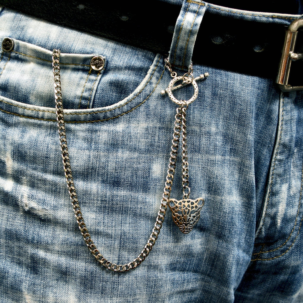 Albert Chain Silver Color Pocket Watch Chains for Men - 2 Ways Usage on Vests & Trousers or Jeans with Leopard Design Fob T Bar ACT13