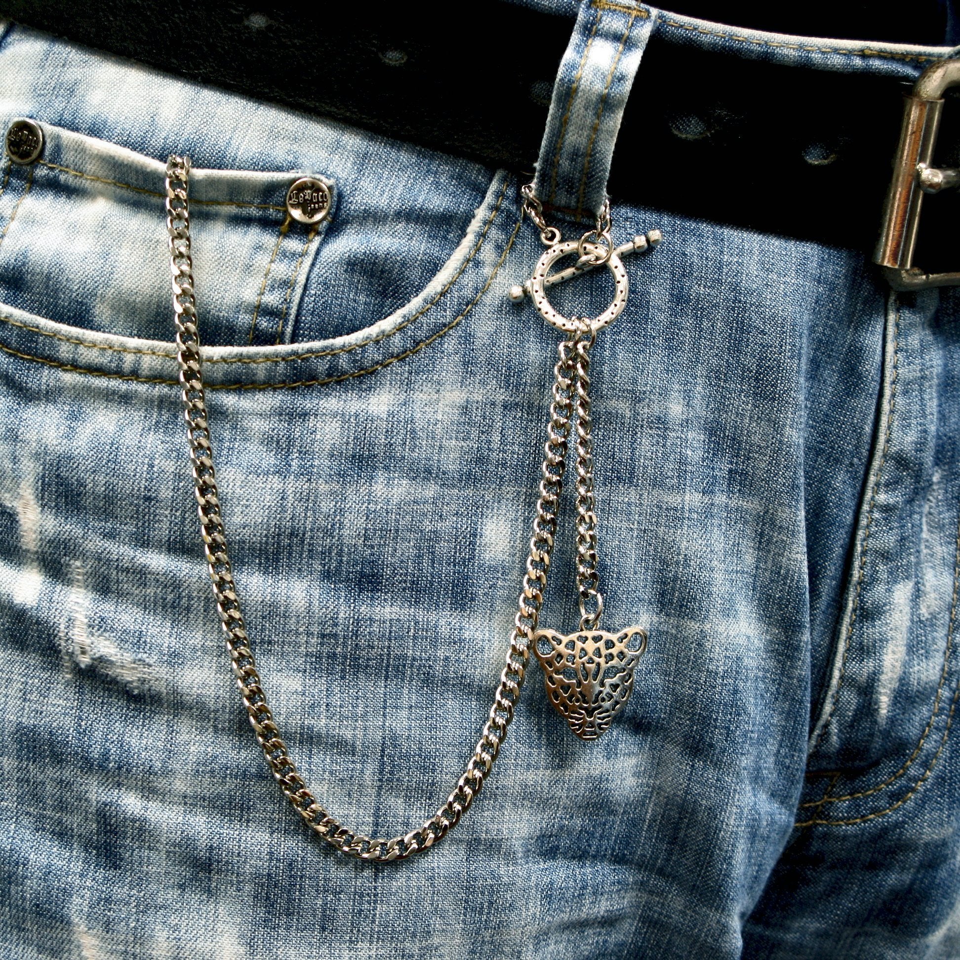 Albert Chain Silver Color Pocket Watch Chains for Men - 2 Ways Usage on Vests & Trousers or Jeans with Leopard Design Fob T Bar ACT13