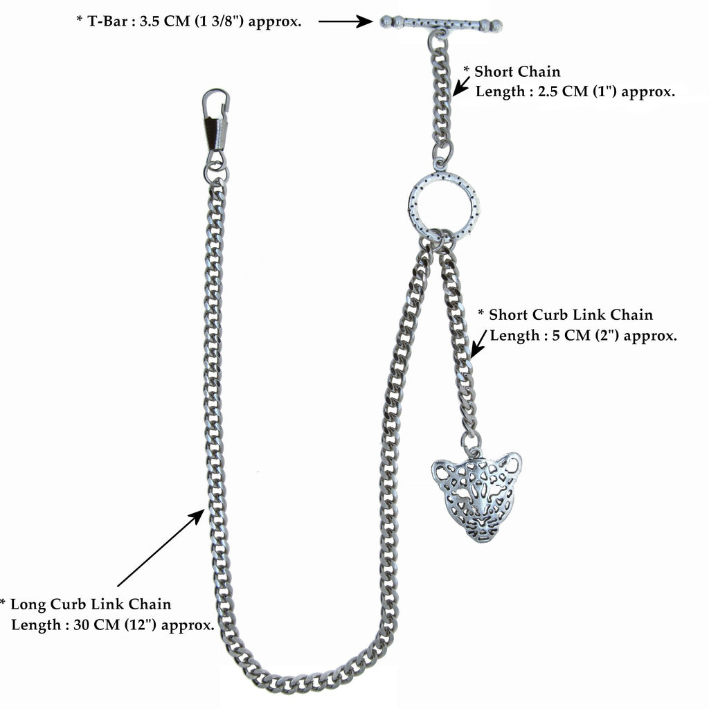 Albert Chain Silver Color Pocket Watch Chains for Men - 2 Ways Usage on Vests & Trousers or Jeans with Leopard Design Fob T Bar ACT13