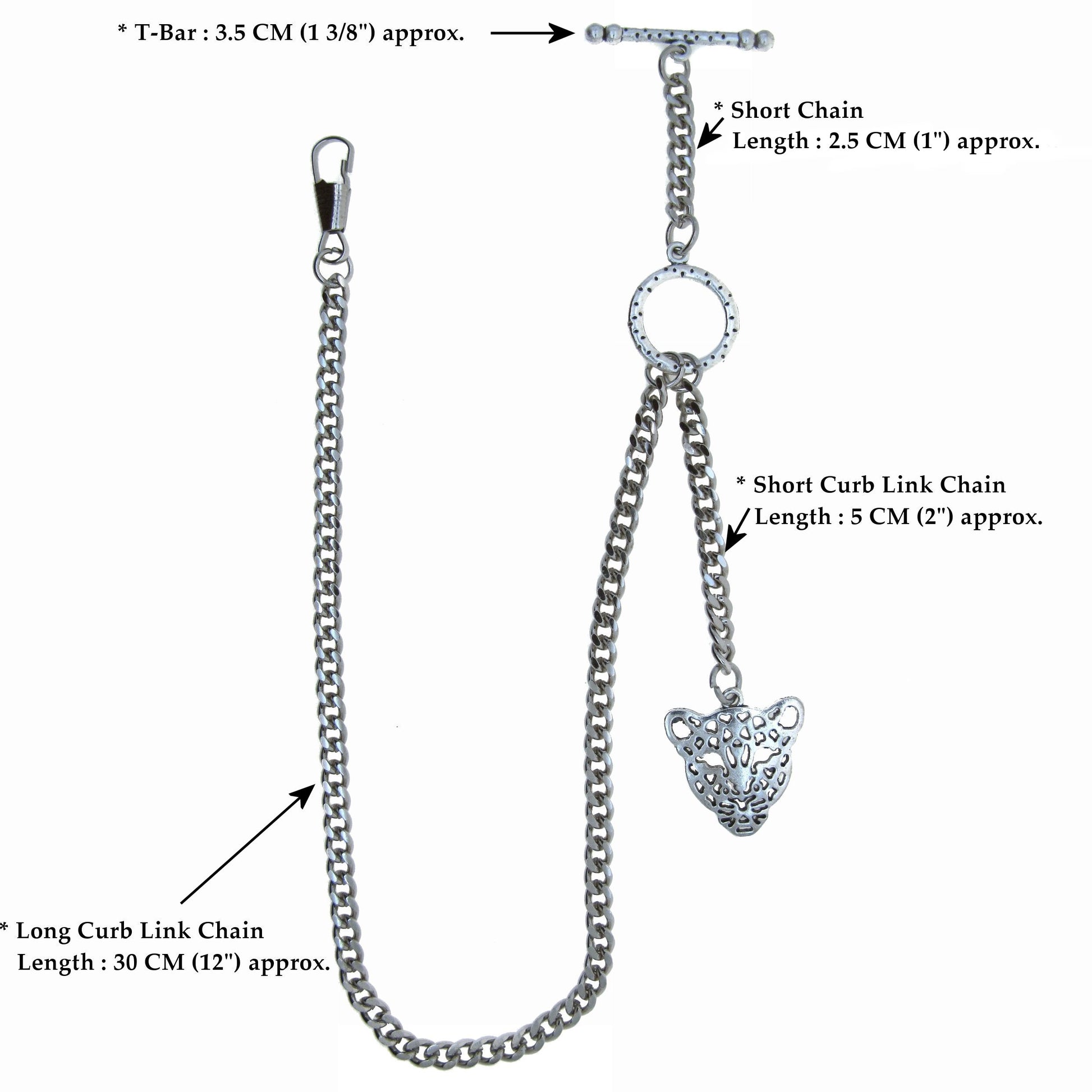 Albert Chain Silver Color Pocket Watch Chains for Men - 2 Ways Usage on Vests & Trousers or Jeans with Leopard Design Fob T Bar ACT13