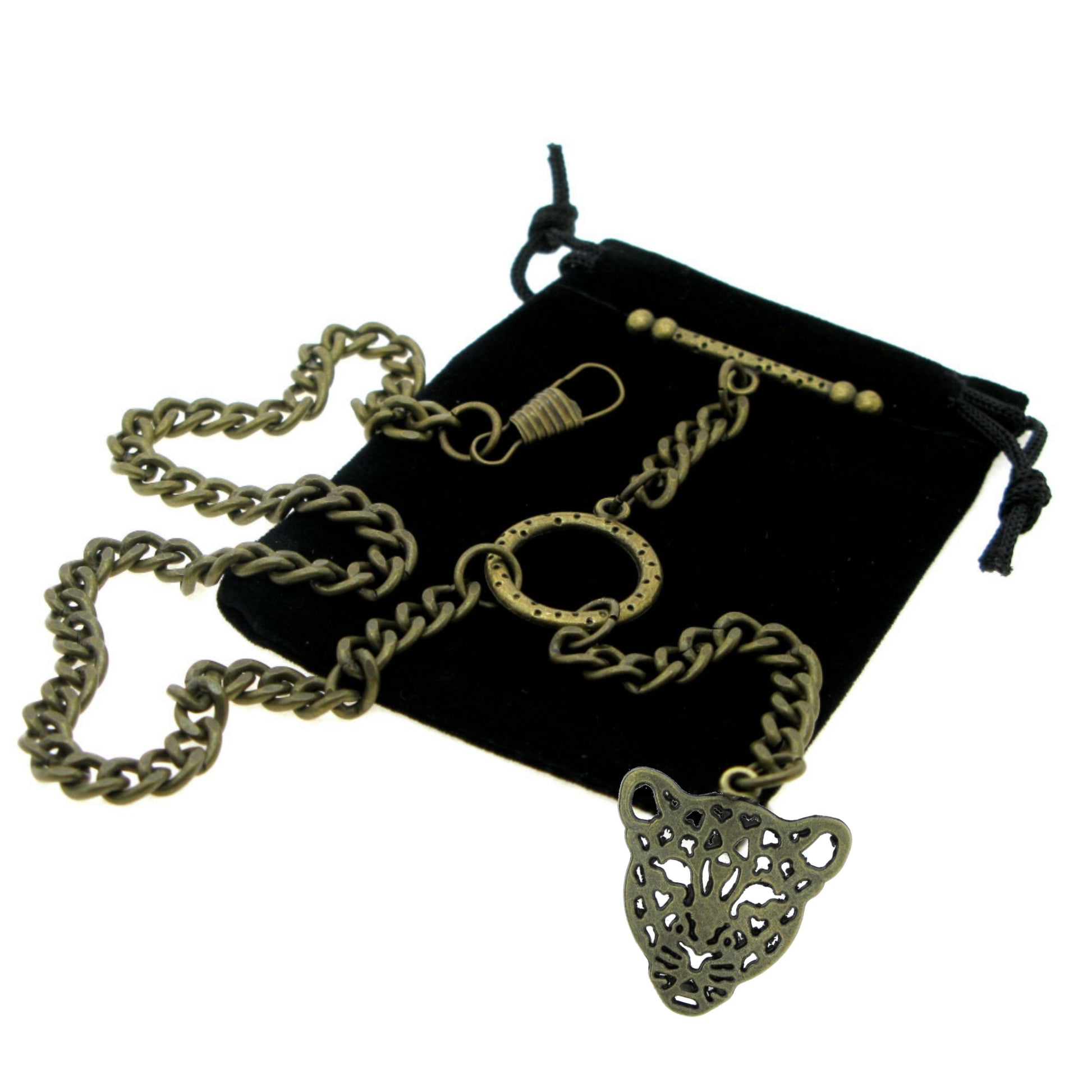Albert Chain Pocket Watch Chains for Men Antique Brass Color - 2 Ways Usage on Vests & Trousers or Jeans with Leopard Head Design Fob T Bar ACT25