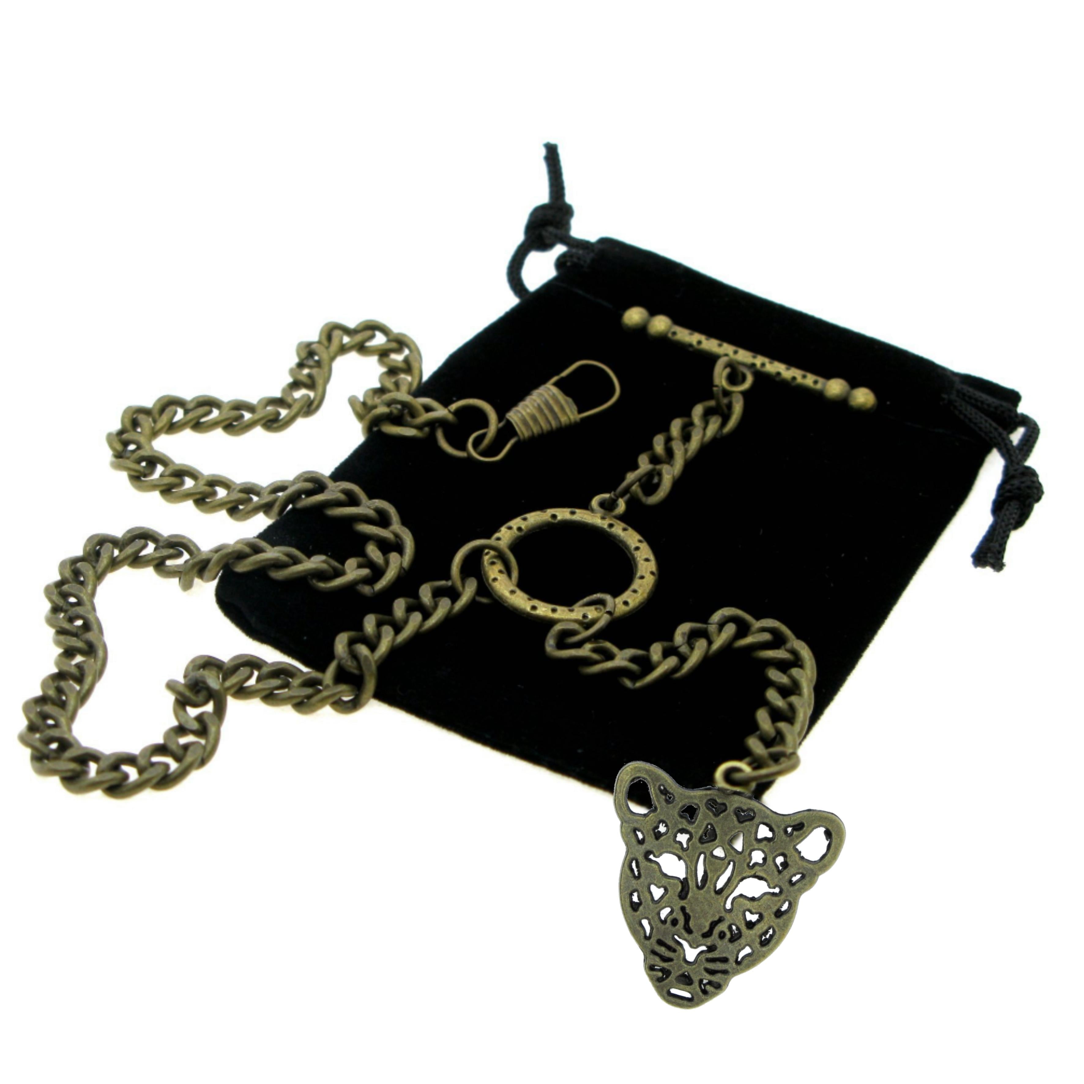 Albert Chain Pocket Watch Chains for Men Antique Brass Color - 2 Ways Usage on Vests & Trousers or Jeans with Leopard Head Design Fob T Bar ACT25