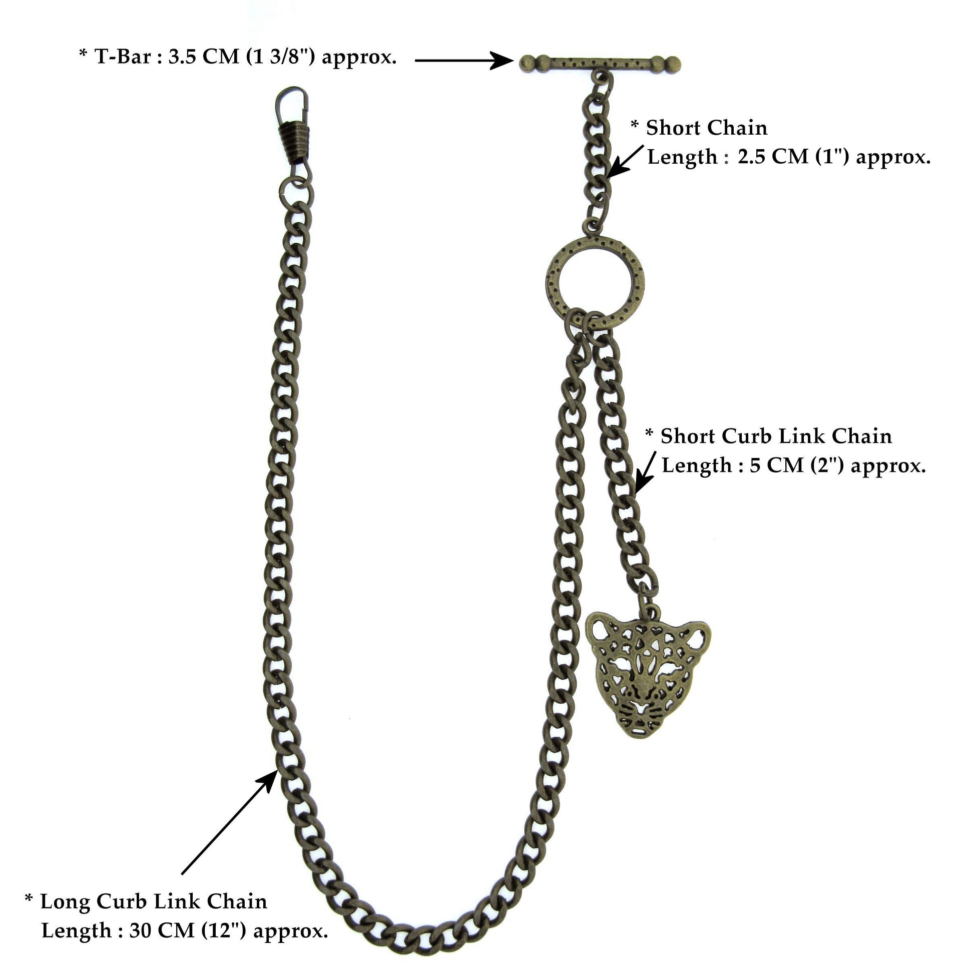 Albert Chain Pocket Watch Chains for Men Antique Brass Color - 2 Ways Usage on Vests & Trousers or Jeans with Leopard Head Design Fob T Bar ACT25