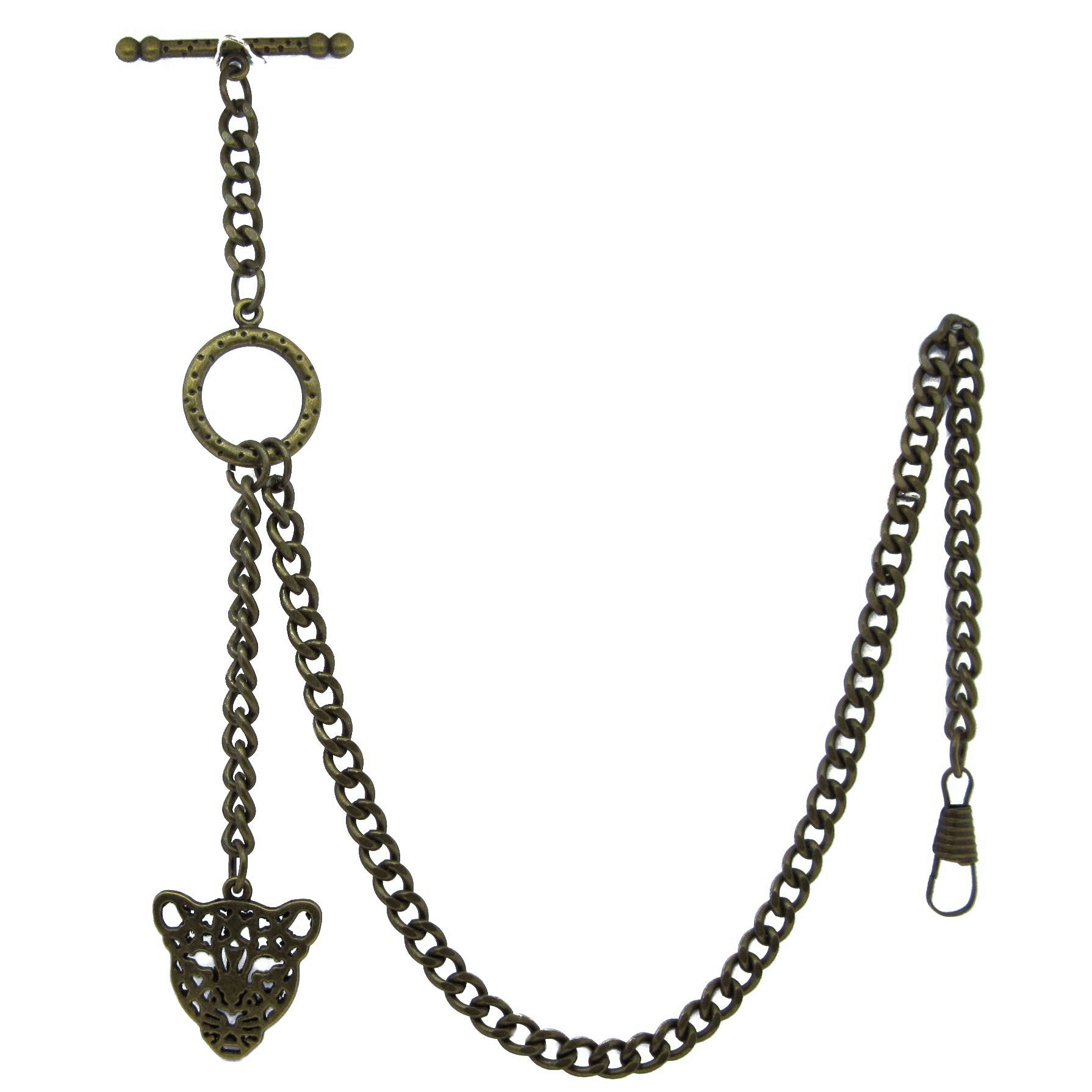 Albert Chain Pocket Watch Chains for Men Antique Brass Color - 2 Ways Usage on Vests & Trousers or Jeans with Leopard Head Design Fob T Bar ACT25