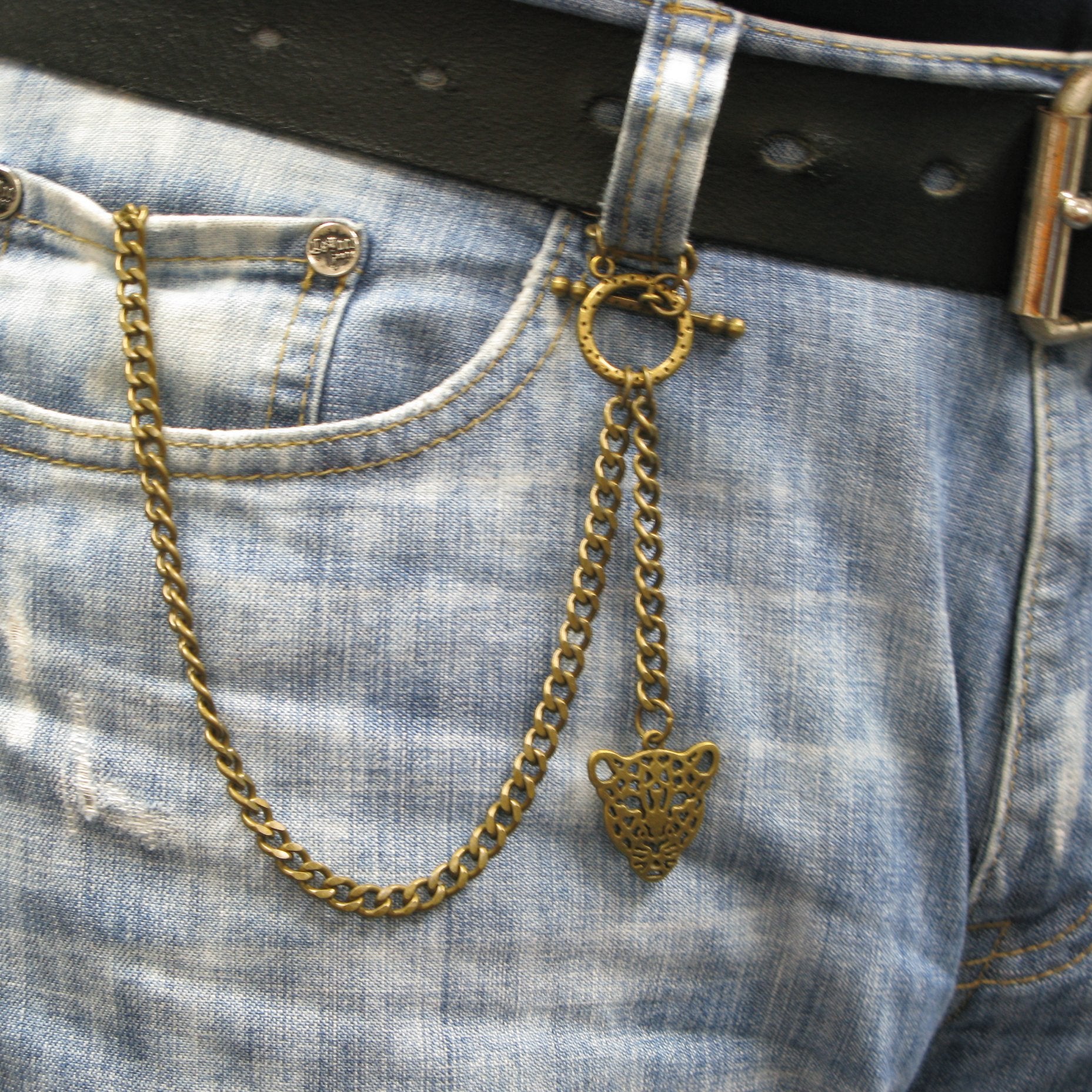 Albert Chain Pocket Watch Chains for Men Antique Brass Color - 2 Ways Usage on Vests & Trousers or Jeans with Leopard Head Design Fob T Bar ACT25
