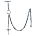Albert Chain Silver Color Pocket Watch Chain Vest Chain - 2 Ways Usage on Vests & Trousers or Jeans with Religious Cross Design Fob T Bar ACT76A