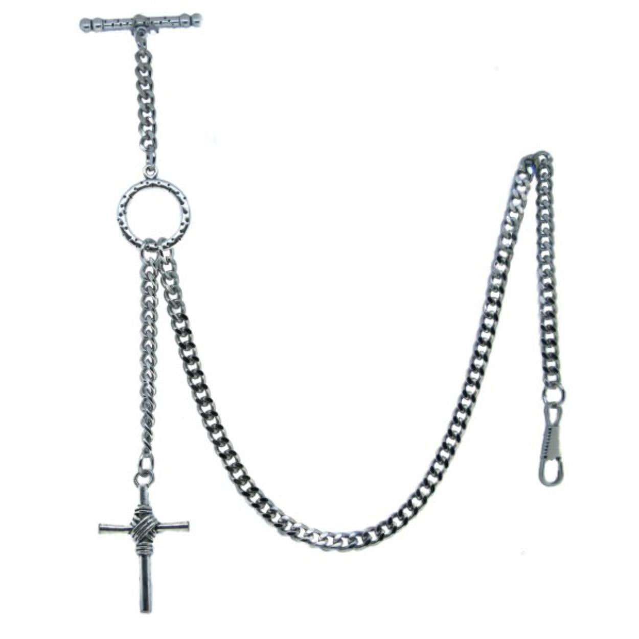 Albert Chain Silver Color Pocket Watch Chain Vest Chain - 2 Ways Usage on Vests & Trousers or Jeans with Religious Cross Design Fob T Bar ACT76A