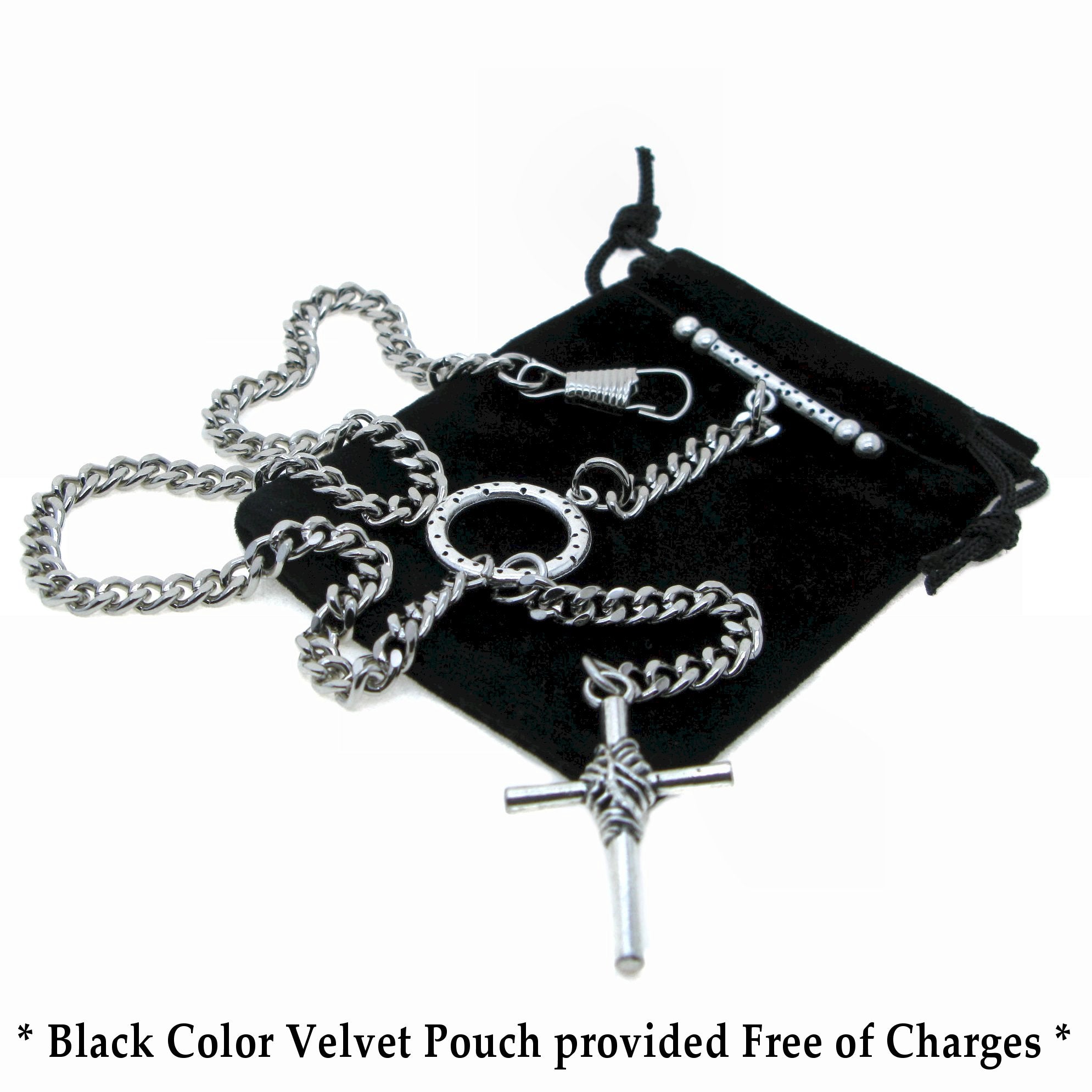 Albert Chain Silver Color Pocket Watch Chain Vest Chain - 2 Ways Usage on Vests & Trousers or Jeans with Religious Cross Design Fob T Bar ACT76A