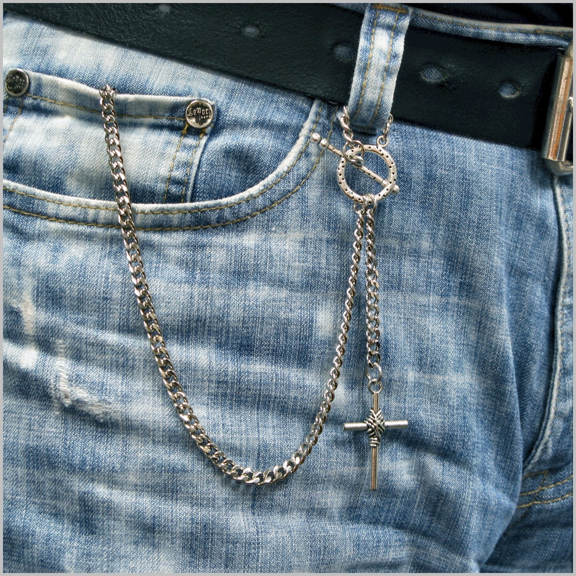 Albert Chain Silver Color Pocket Watch Chain Vest Chain - 2 Ways Usage on Vests & Trousers or Jeans with Religious Cross Design Fob T Bar ACT76A