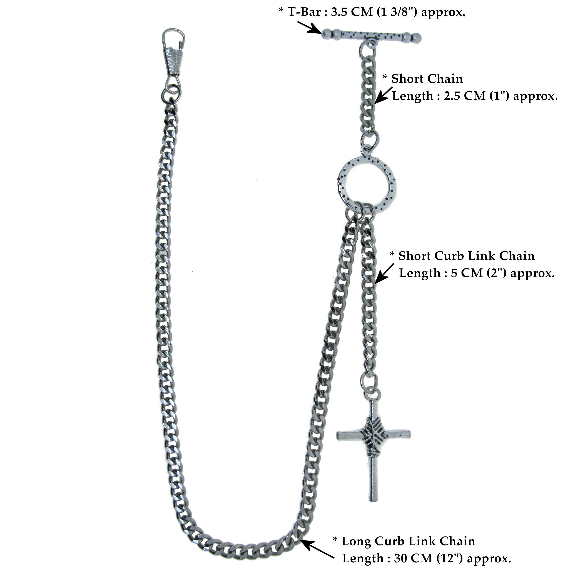 Albert Chain Silver Color Pocket Watch Chain Vest Chain - 2 Ways Usage on Vests & Trousers or Jeans with Religious Cross Design Fob T Bar ACT76A