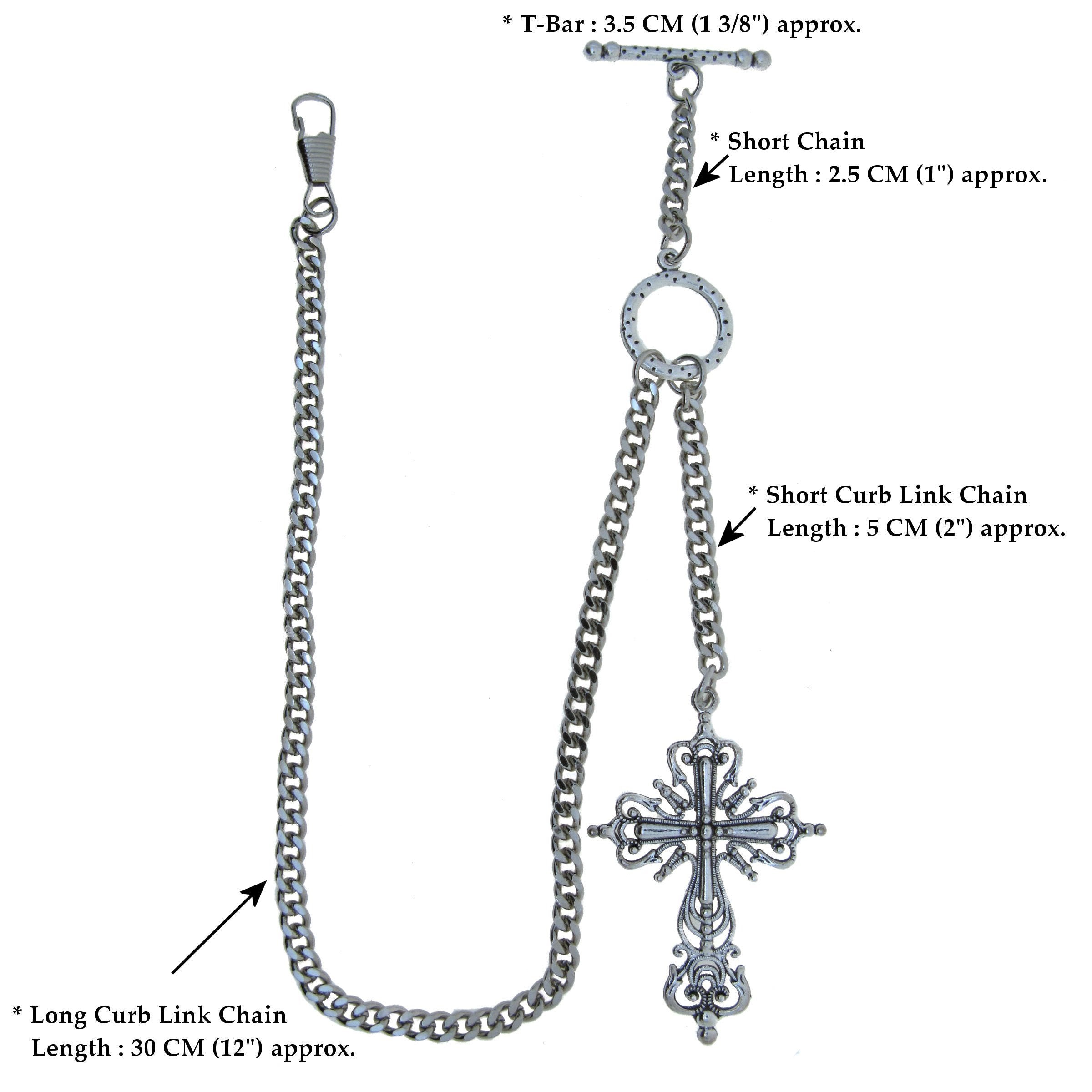 Albert Chain Silver Color Pocket Watch Chains for Men - 2 Ways Usage on Vests & Trousers or Jeans with Big Size Religious Cross Design Fob T Bar ACT77