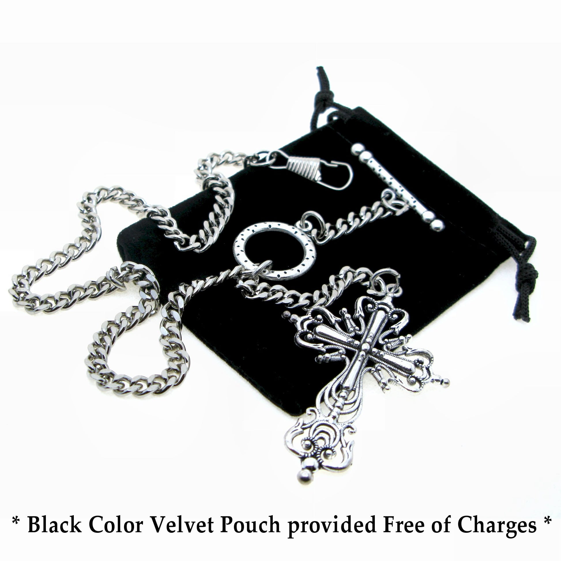 Albert Chain Silver Color Pocket Watch Chains for Men - 2 Ways Usage on Vests & Trousers or Jeans with Big Size Religious Cross Design Fob T Bar ACT77