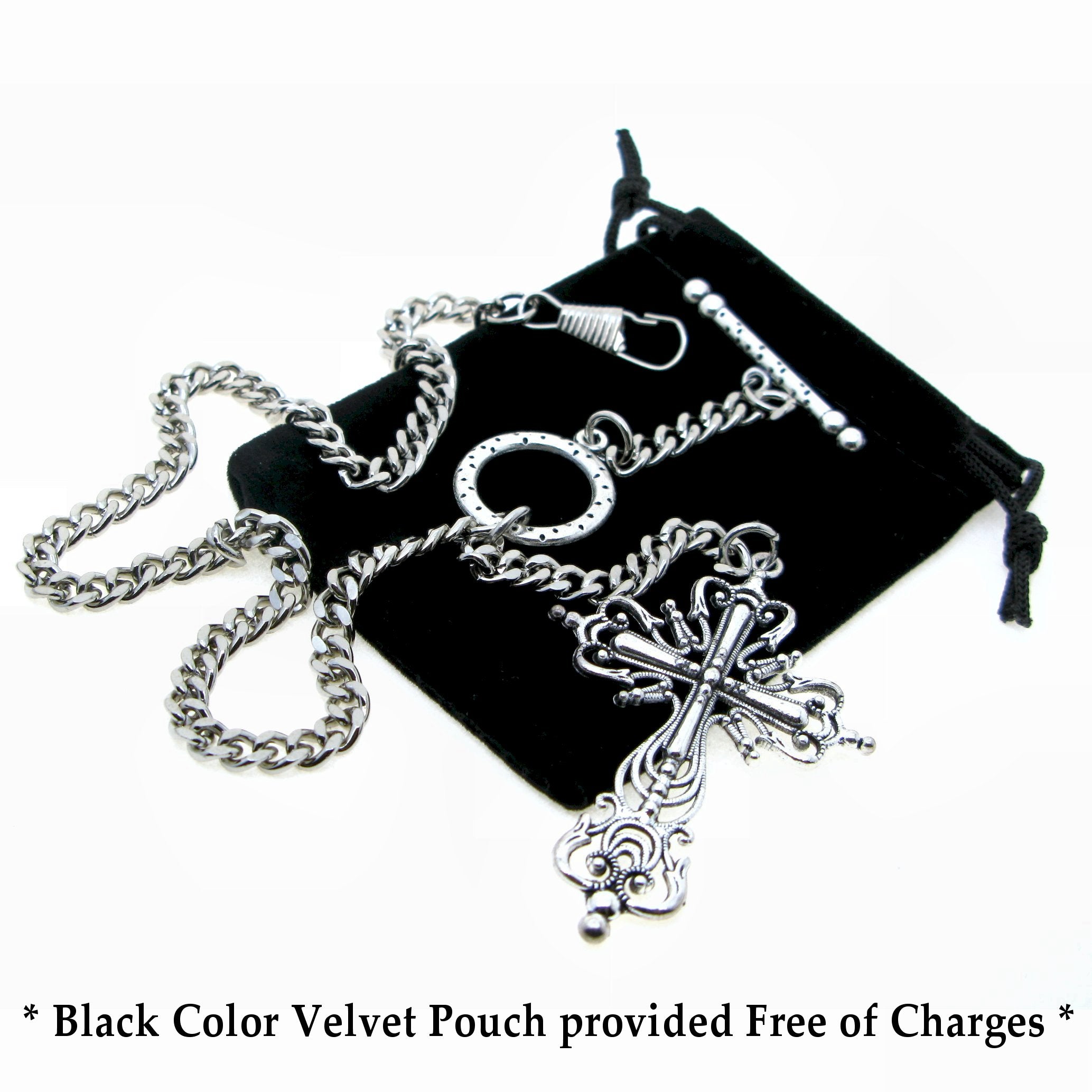 Albert Chain Silver Color Pocket Watch Chains for Men - 2 Ways Usage on Vests & Trousers or Jeans with Big Size Religious Cross Design Fob T Bar ACT77