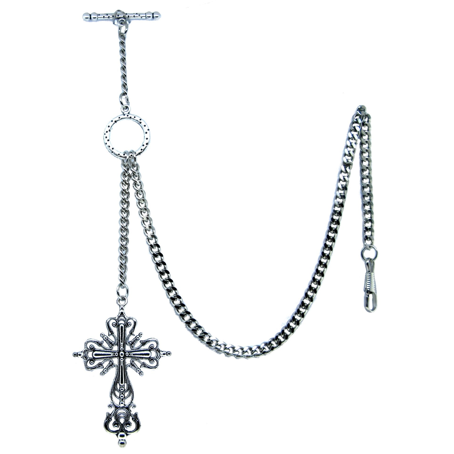 Albert Chain Silver Color Pocket Watch Chains for Men - 2 Ways Usage on Vests & Trousers or Jeans with Big Size Religious Cross Design Fob T Bar ACT77
