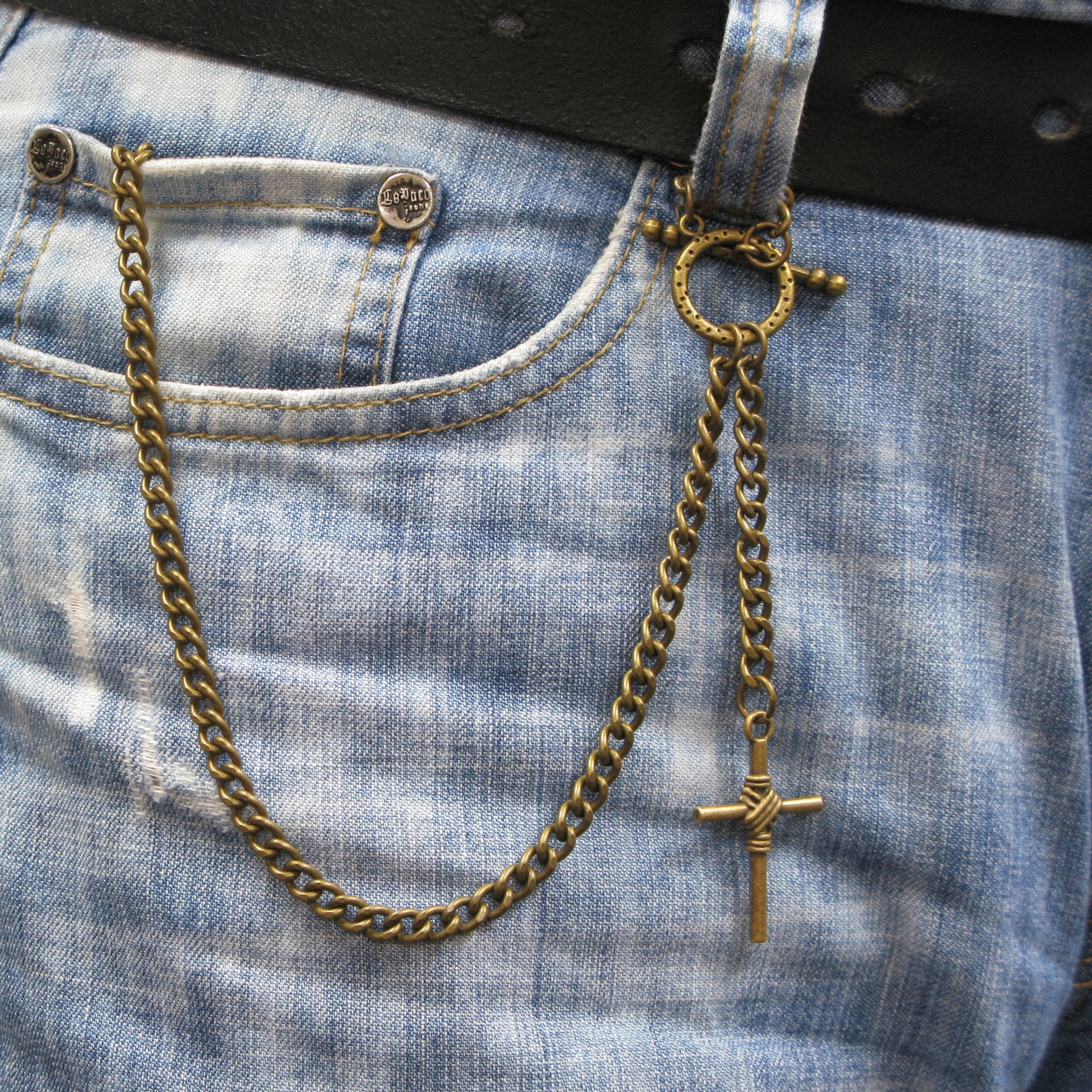 Albert Chain Pocket Watch Chains for Men Antique Brass Color - 2 Ways Usage on Vests & Trousers or Jeans with Religious Cross Design Fob T Bar ACT82