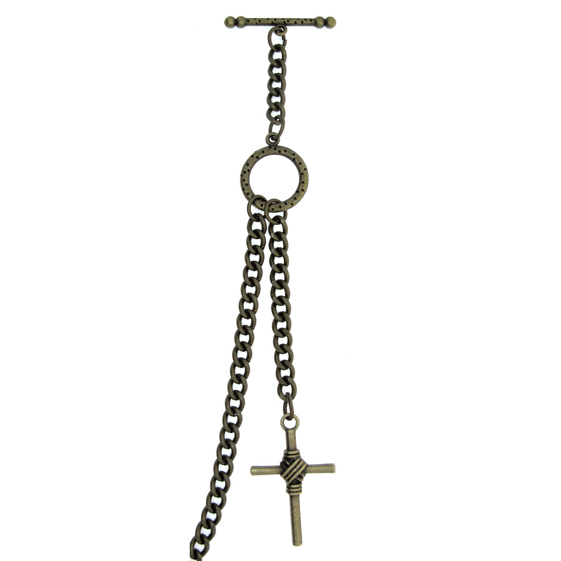 Albert Chain Pocket Watch Chains for Men Antique Brass Color - 2 Ways Usage on Vests & Trousers or Jeans with Religious Cross Design Fob T Bar ACT82