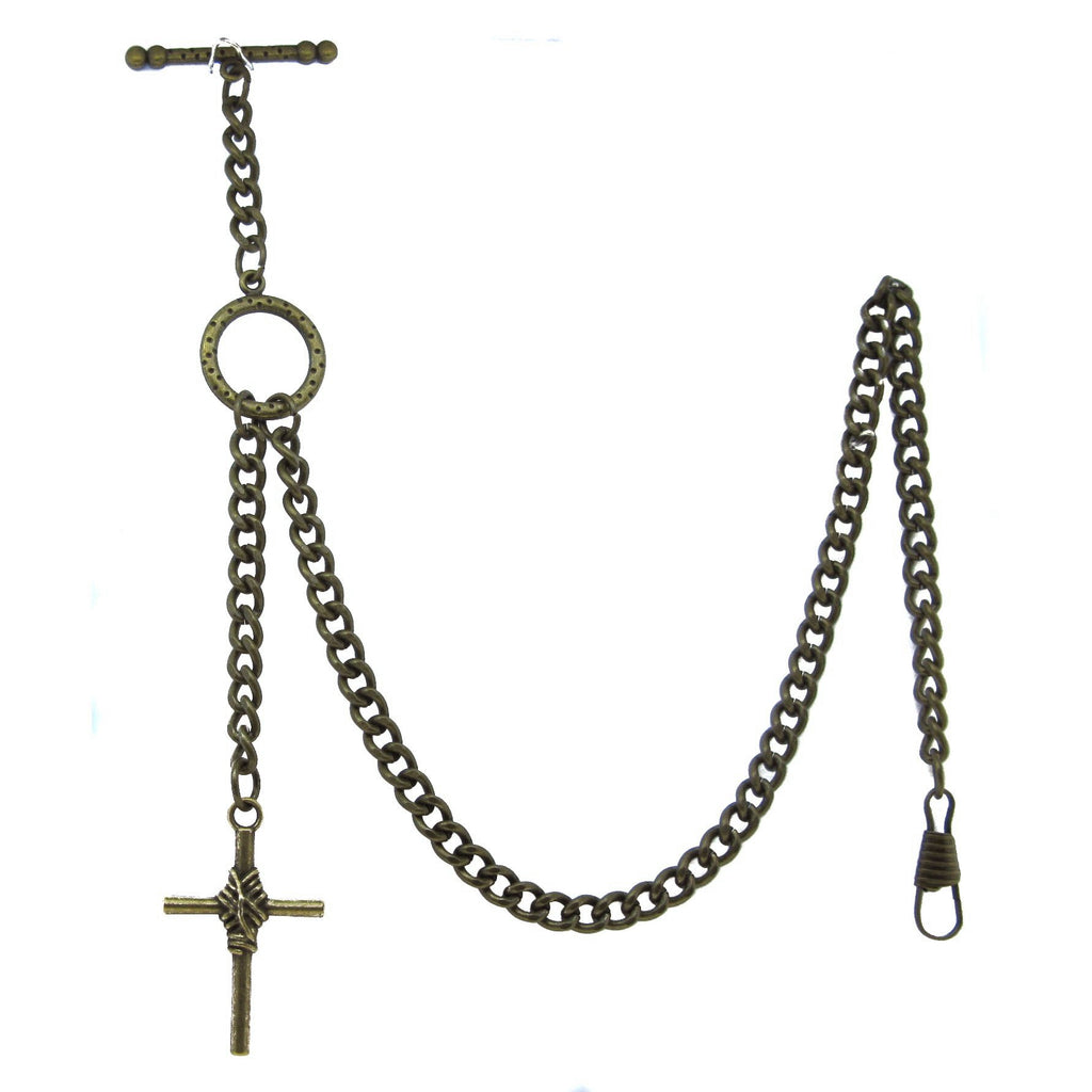 Albert Chain Pocket Watch Chains for Men Antique Brass Color - 2 Ways Usage on Vests & Trousers or Jeans with Religious Cross Design Fob T Bar ACT82