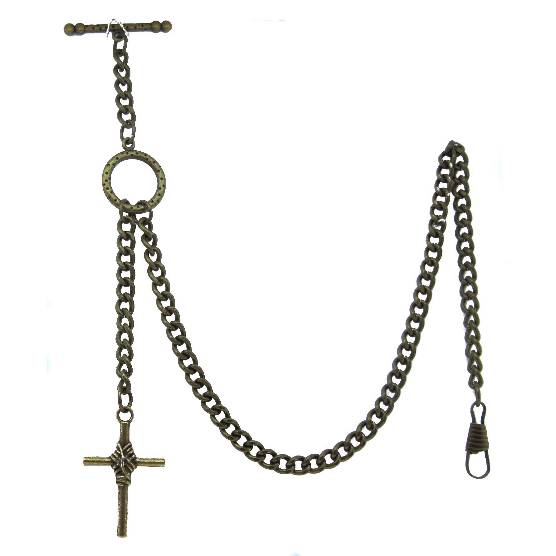 Albert Chain Pocket Watch Chains for Men Antique Brass Color - 2 Ways Usage on Vests & Trousers or Jeans with Religious Cross Design Fob T Bar ACT82