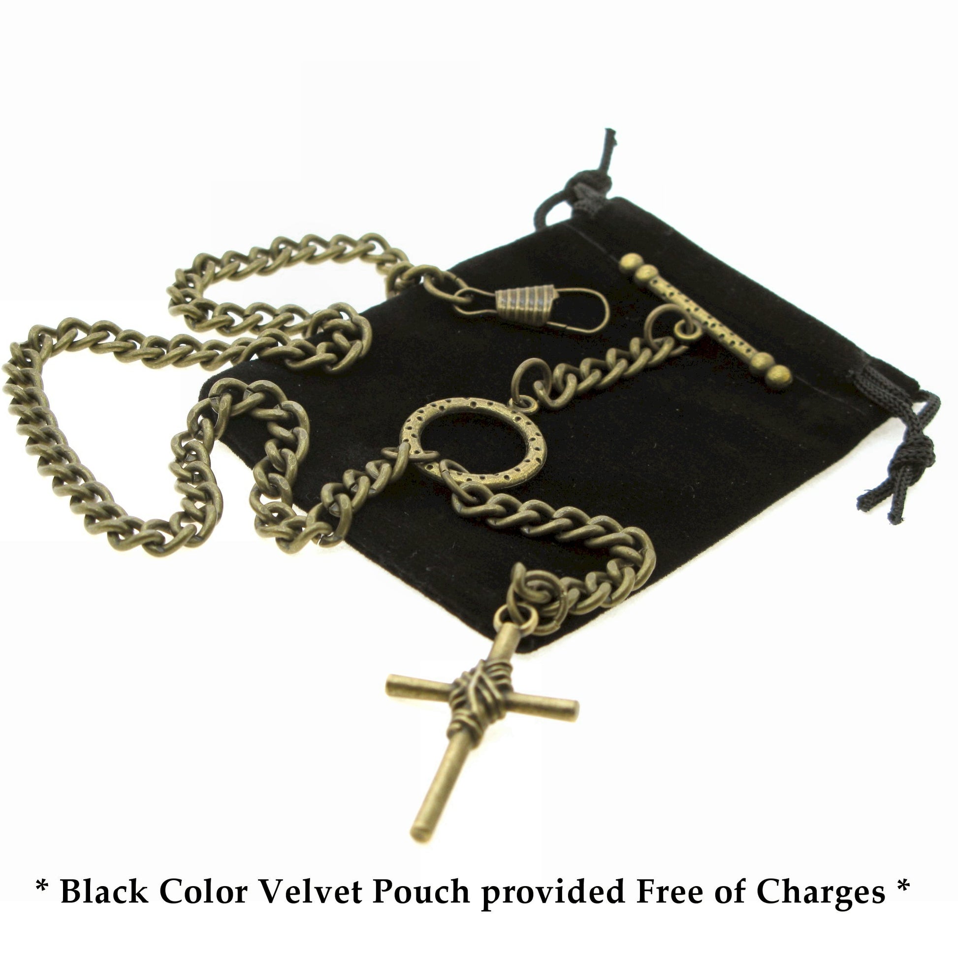Albert Chain Pocket Watch Chains for Men Antique Brass Color - 2 Ways Usage on Vests & Trousers or Jeans with Religious Cross Design Fob T Bar ACT82