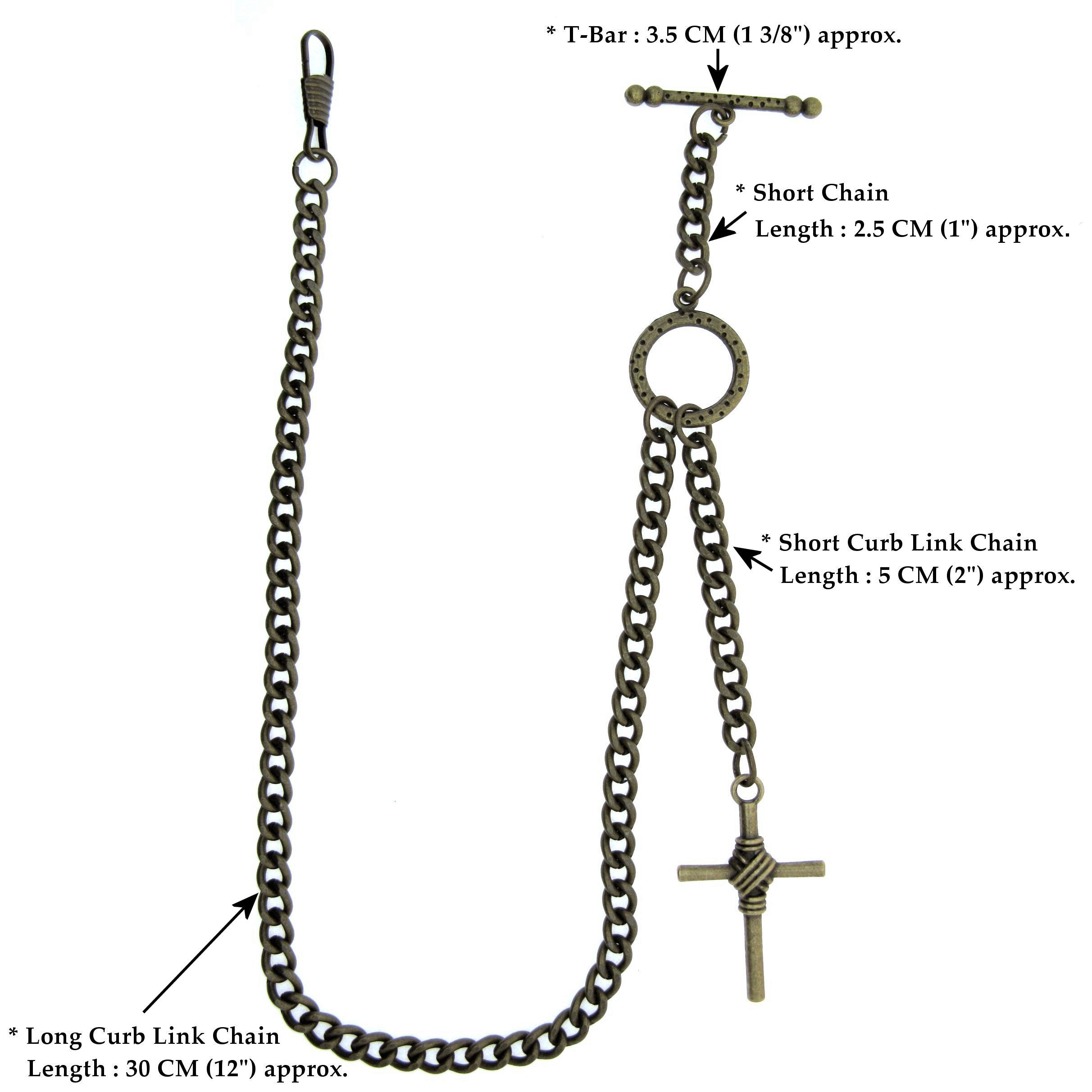 Albert Chain Pocket Watch Chains for Men Antique Brass Color - 2 Ways Usage on Vests & Trousers or Jeans with Religious Cross Design Fob T Bar ACT82