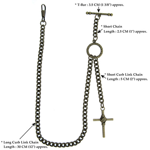 Albert Chain Pocket Watch Chains for Men Antique Brass Color - 2 Ways Usage on Vests & Trousers or Jeans with Religious Cross Design Fob T Bar ACT82